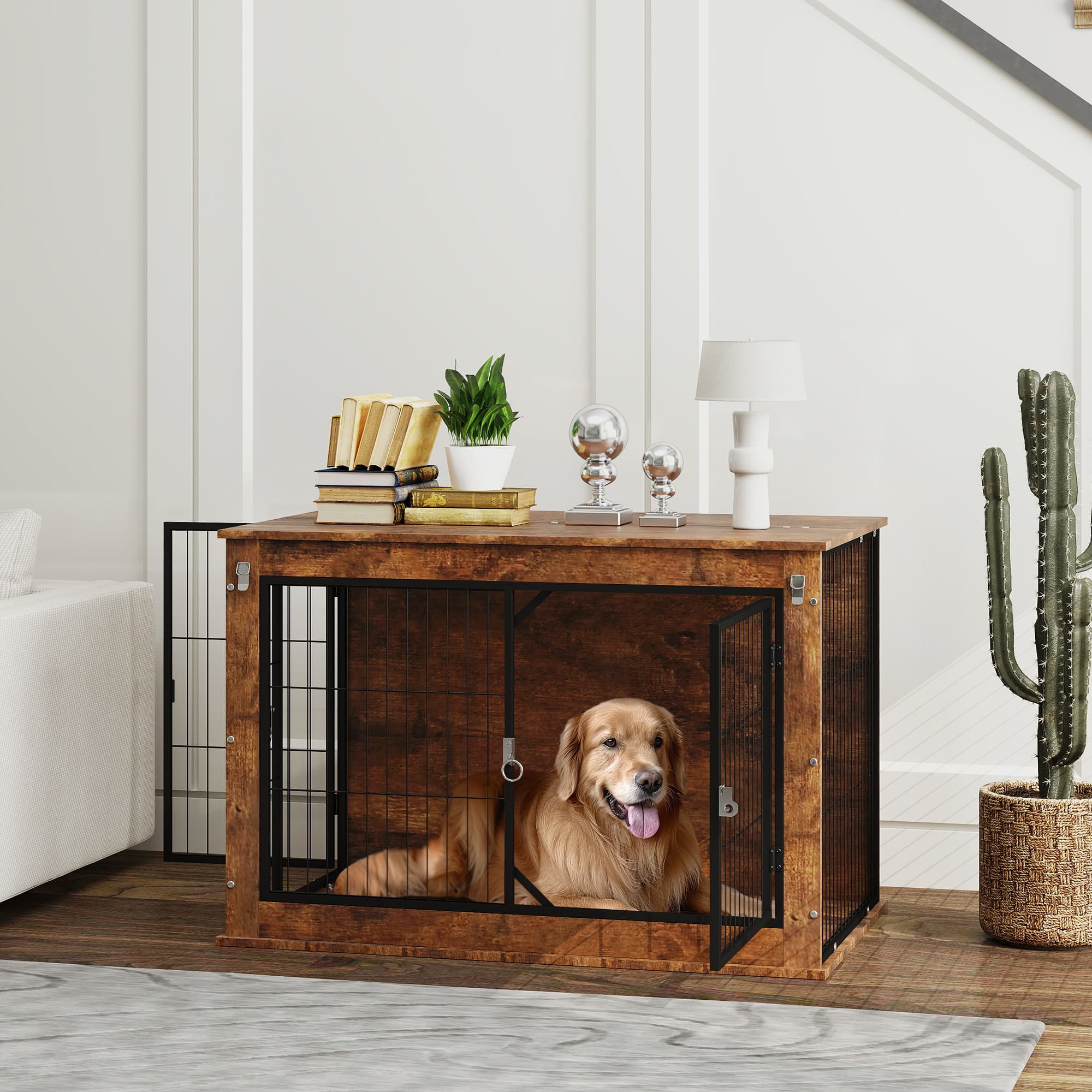  39" Dog Crate Furniture with Flip-up Top Opening, 2 Doors, Dog Kennel Furniture for Large Dogs, Rustic Brown