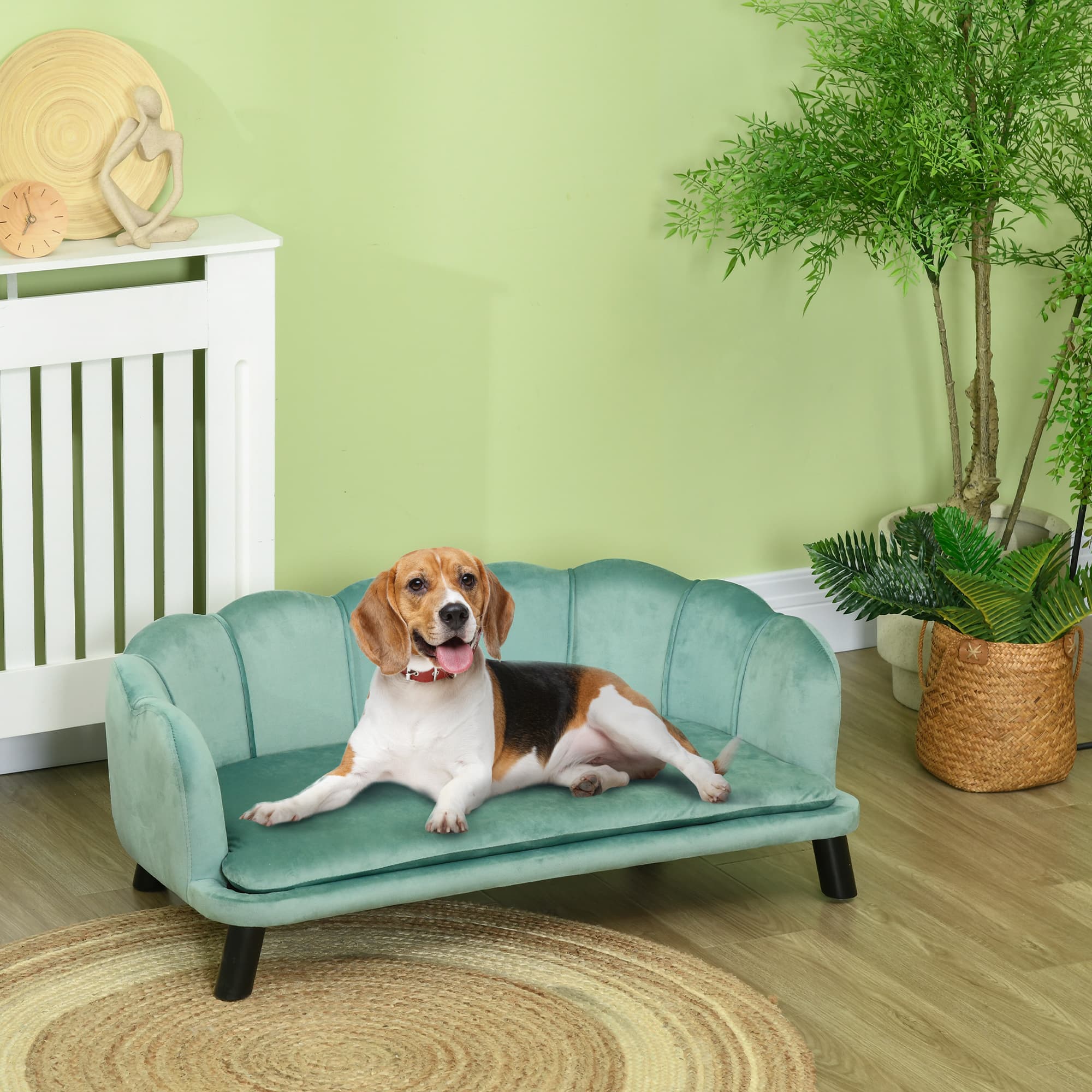  Pearl Design Pet Sofa for Medium and Large Sized Dogs, Pet Bed with Cushion and Solid Wood Legs, Green