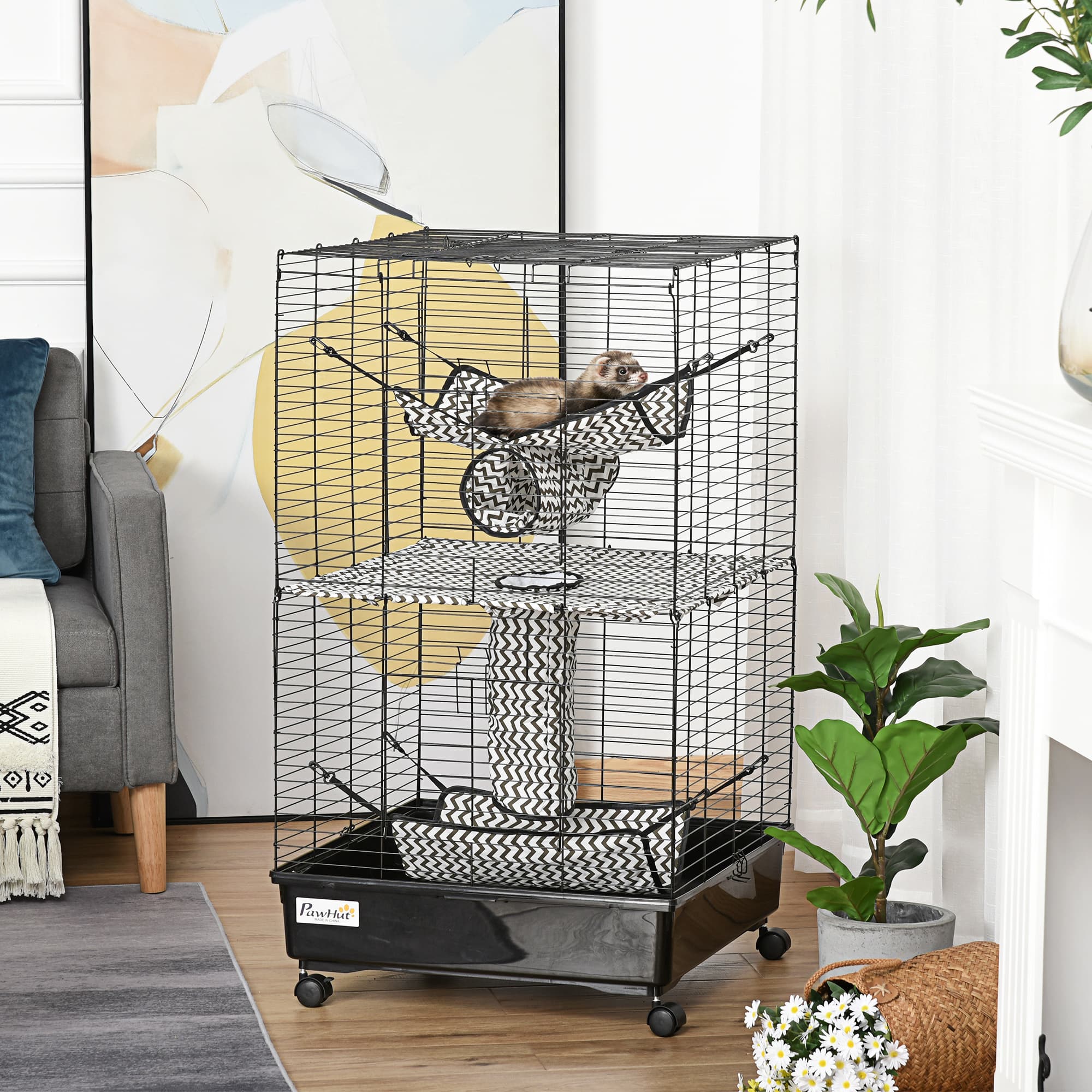  42" Ferret Cage, Small Animal Habitat Metal Pet Cage with Wheels Brakes, Hammocks, Hanging Tunnels, and 3 Doors, Black