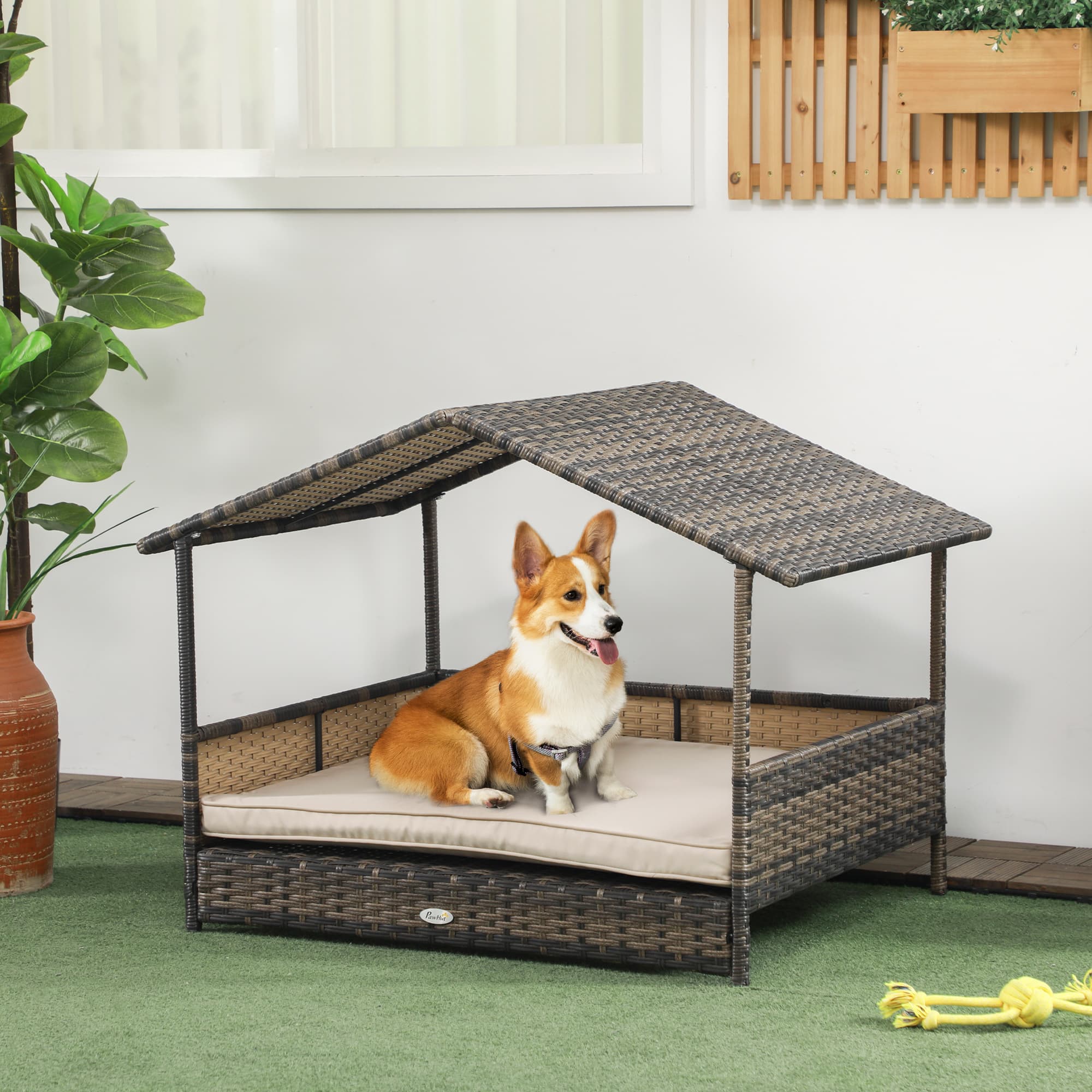  Wicker Dog House with Removable Cushion Lounge, Khaki