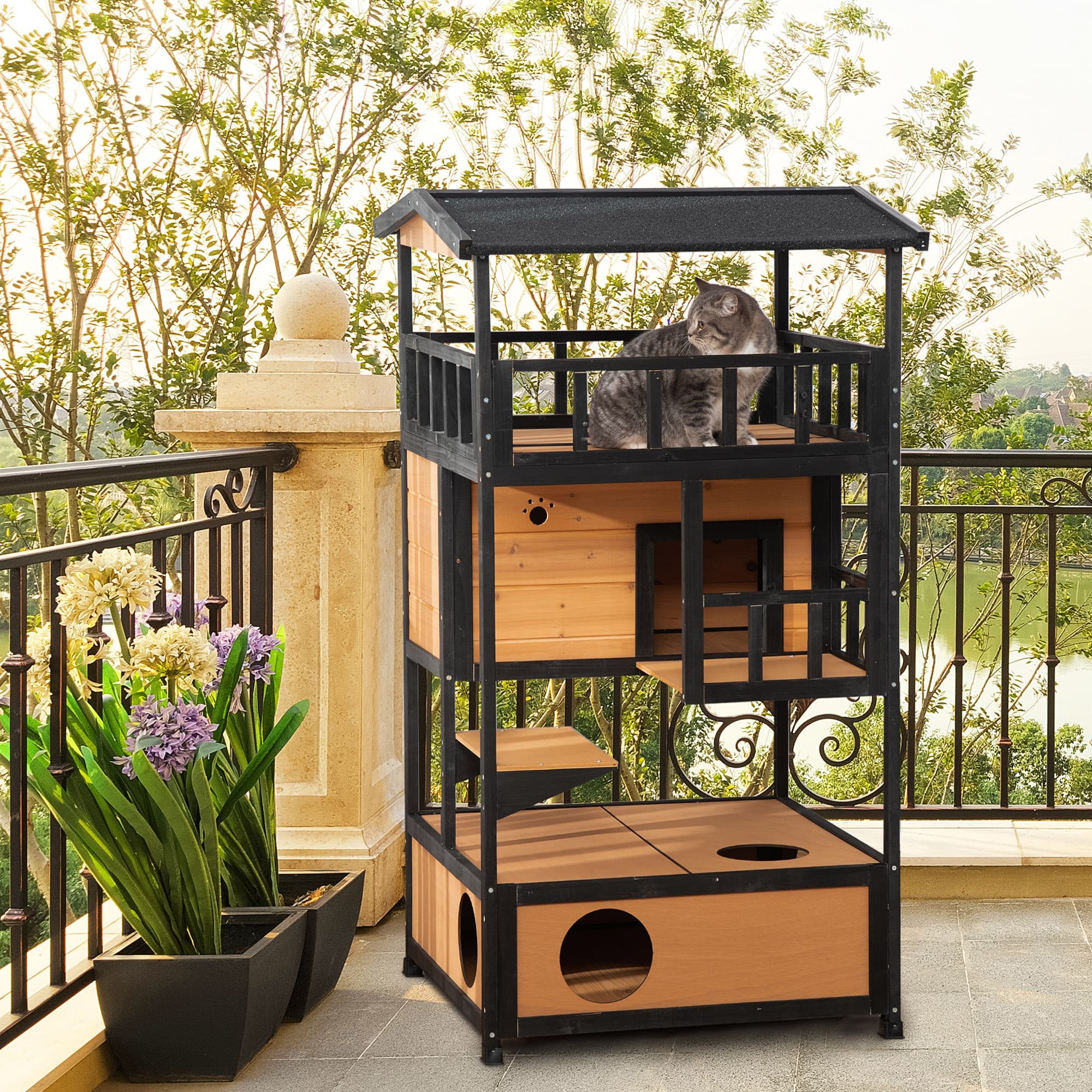  Wooden Outdoor Cat House, Feral Cat Shelter Kitten Condo with Asphalt Roof, Escape Doors, Condo, Jumping Platform, Yellow
