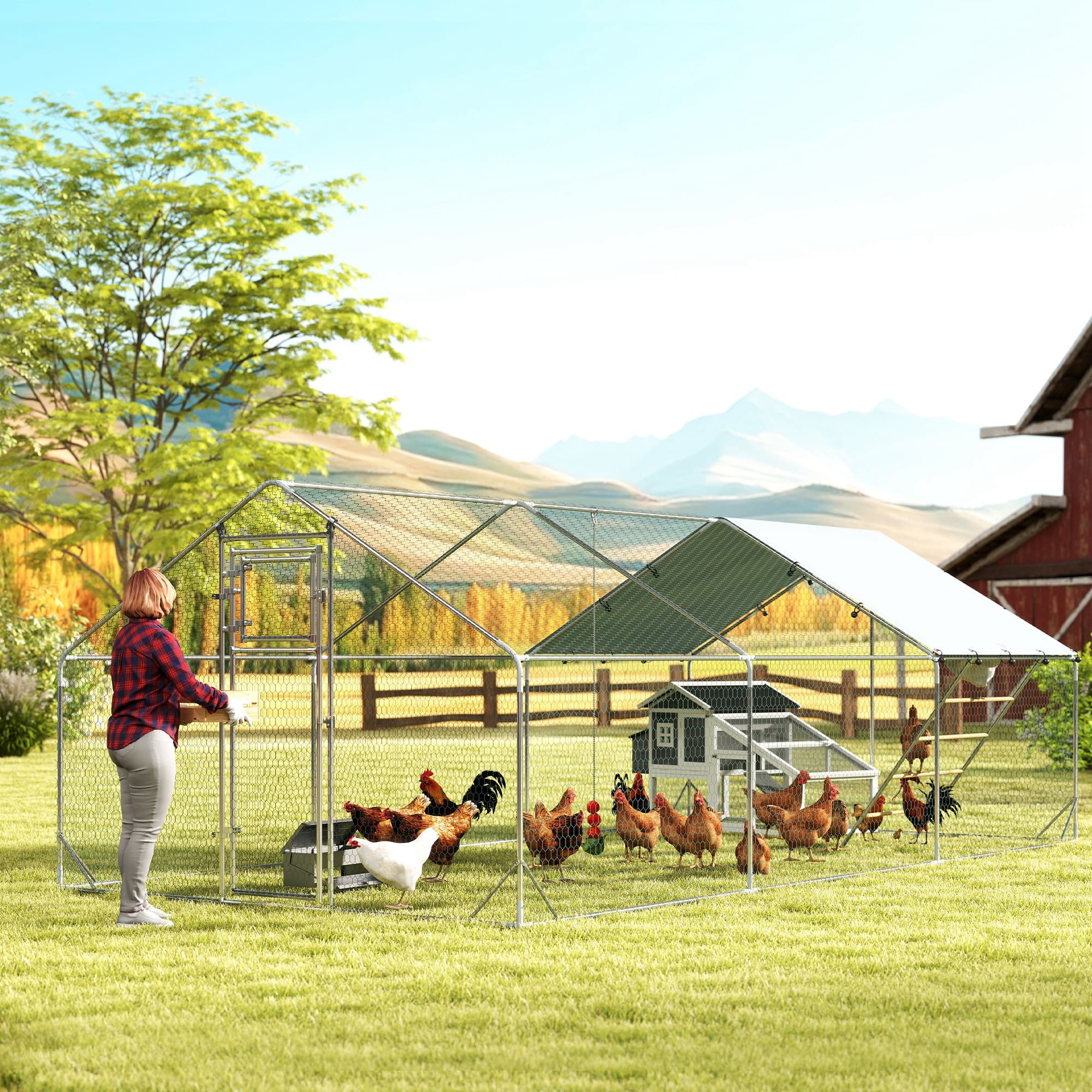  Metal Chicken Run w/ Waterproof & Anti-UV Cover, Feeding Door, Hanging Feeder, for 18-24 Chickens, 9.8' x 19.7' x 6.4'