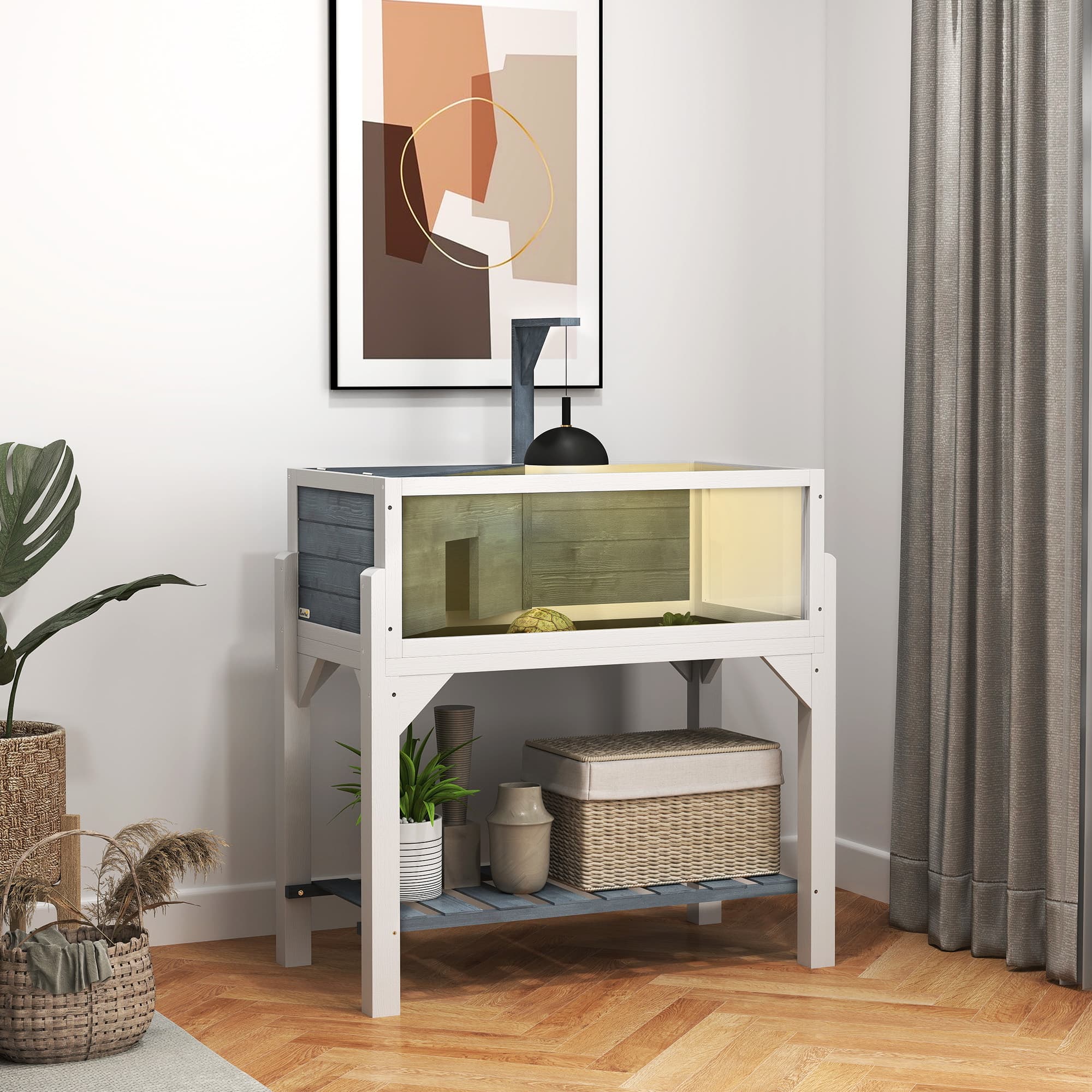  Wooden Tortoise Habitat with Storage Shelf, Tortoise Enclosure with Clear Windows, Openable Top, Lamp Holder, Gray