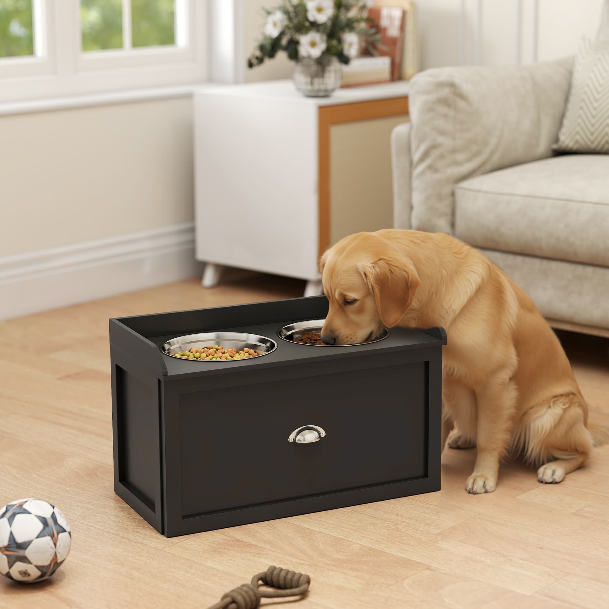  Pet Feeding Station Pet Dish Bowl Set with Storage, 2 Elevated Dog Bowls for Large Sized Dogs, Black