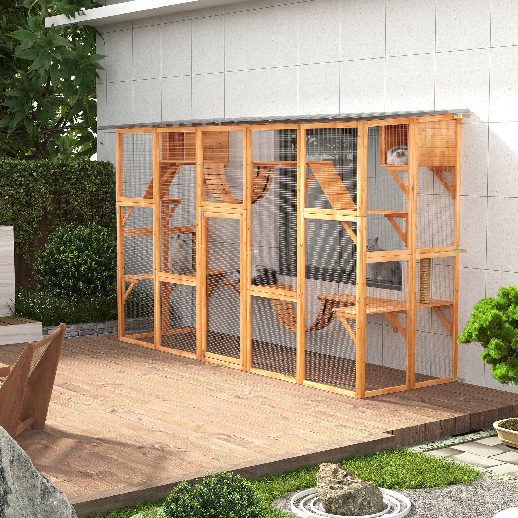  Large Catio with Multiple Shelves & Bridges, Catio with Ramps, Cat Window Box Enclosure for Outdoor Use, Orange