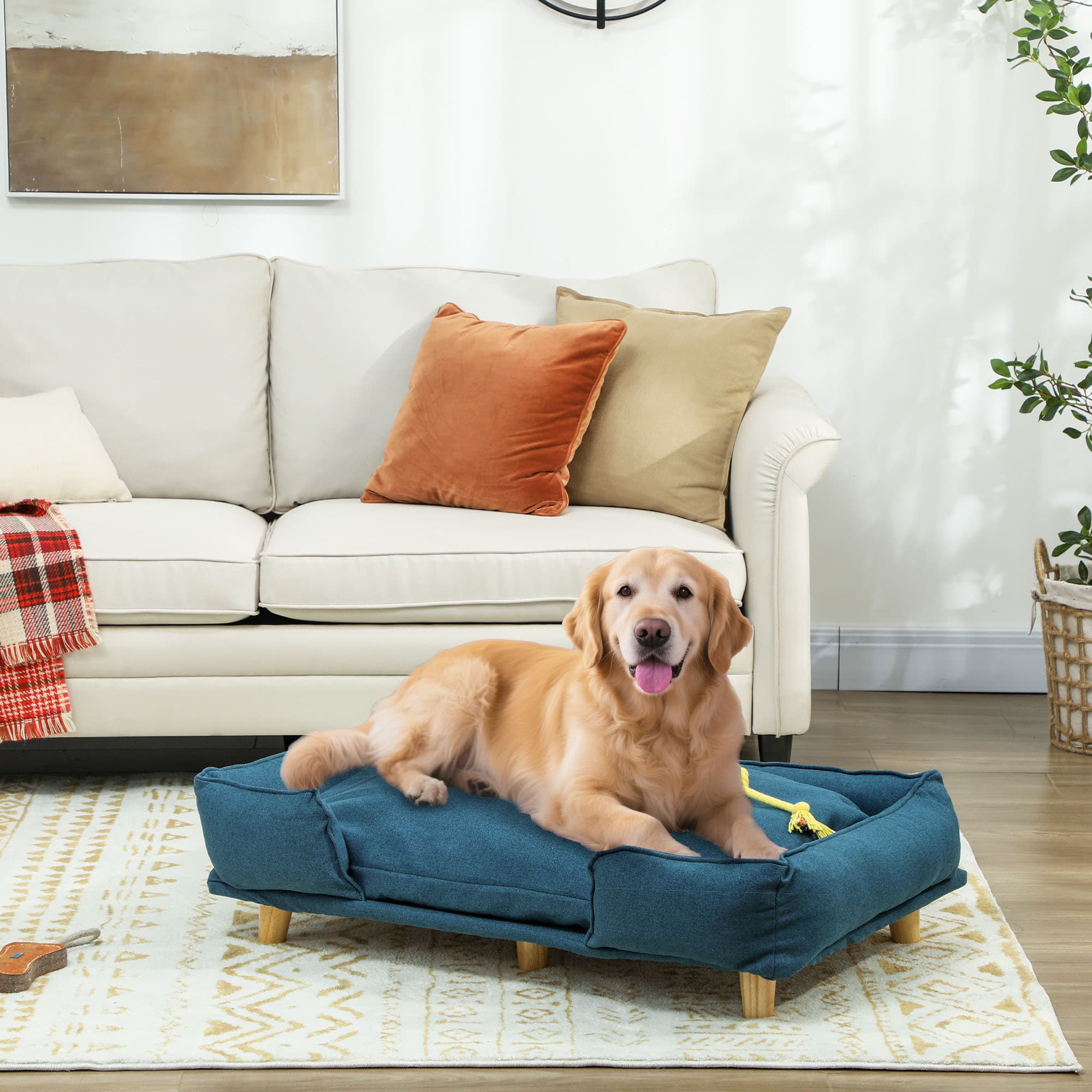  Raised Dog Couch with Comfortable Cushion, Pine Wood Legs, Foot Pads for Large-Sized Dogs Indoor Use, Dark Blue