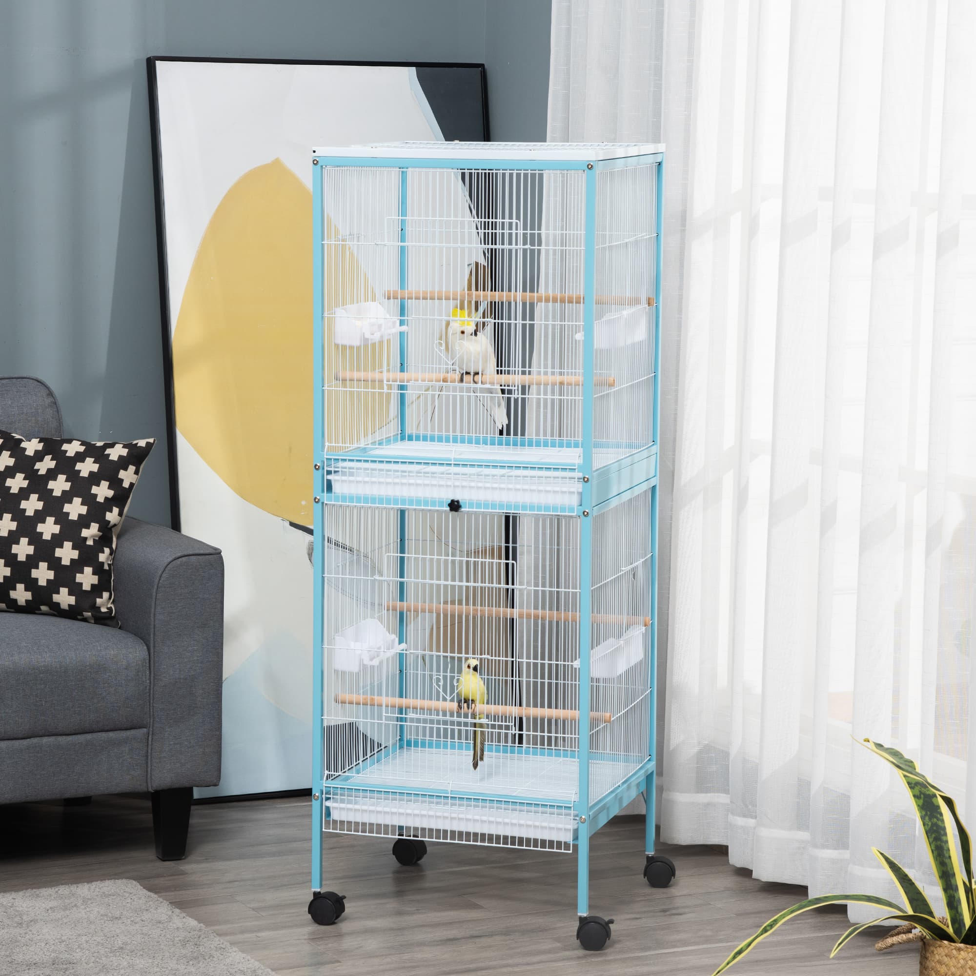  55" 2 In 1 Bird Cage Aviary Parakeet House for finches, budgies with Wheels, Light Blue