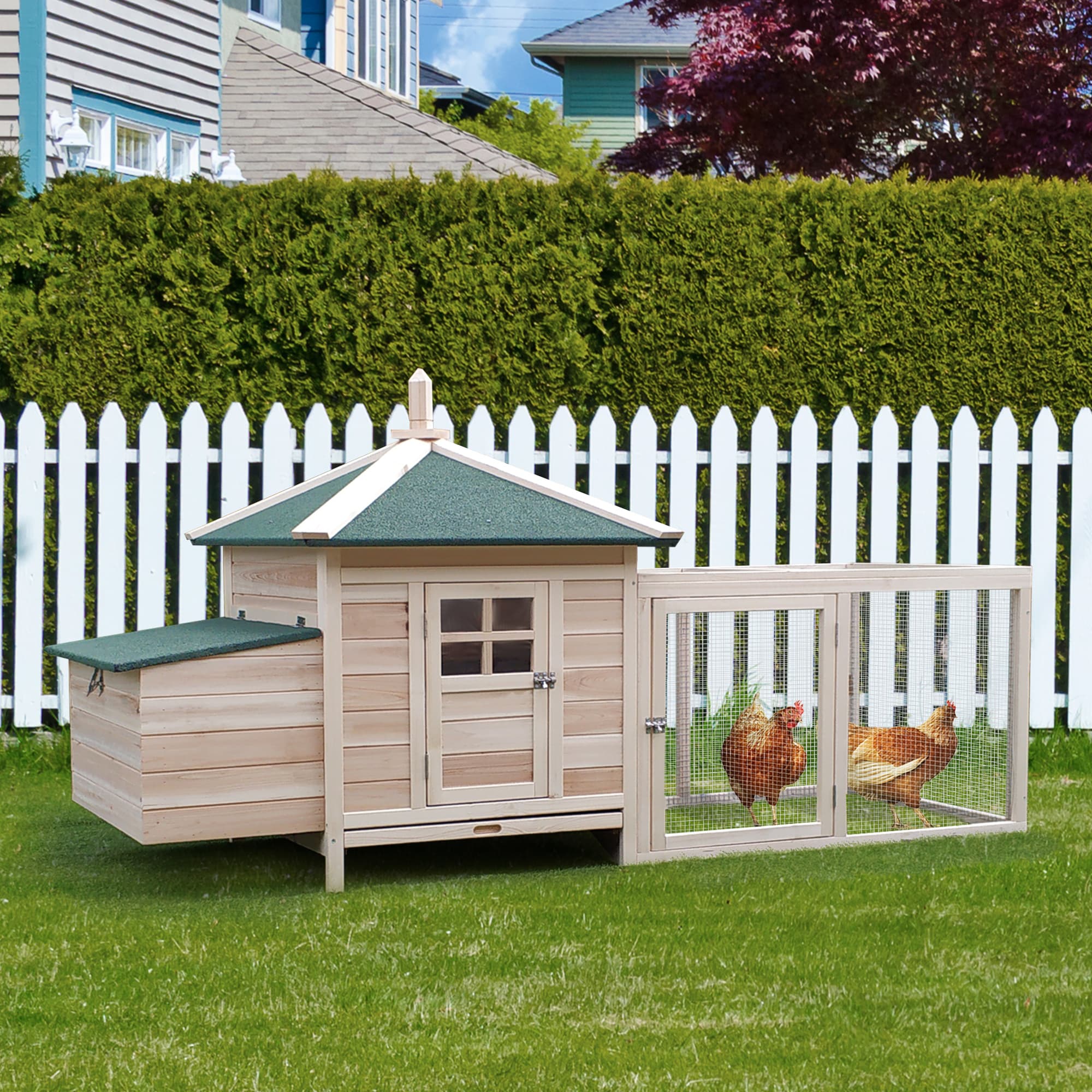  77" Wooden Chicken Coop with Nesting Box, Cute Outdoor Hen House with Removable Tray, Ramp Run, for Garden Backyard, Natural