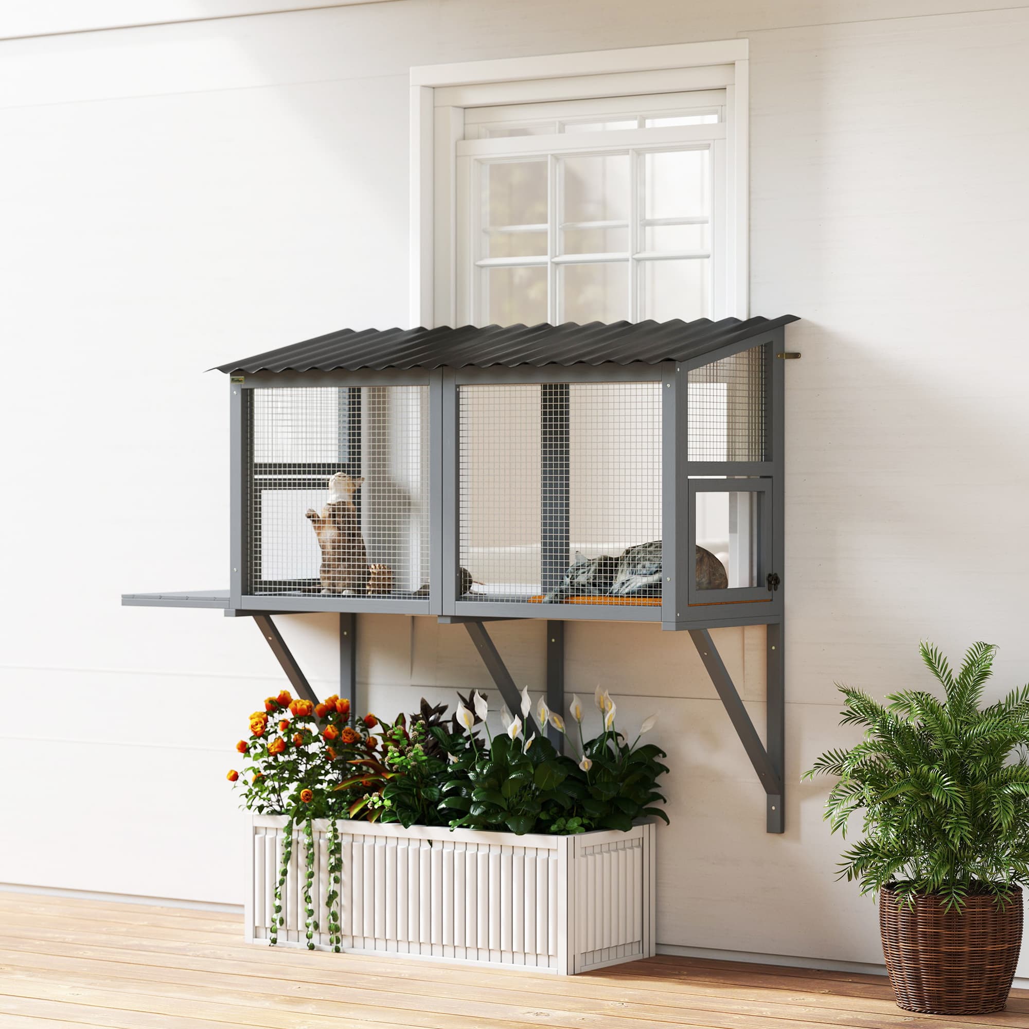  Wooden Cat Catio, Outdoor Cat Enclosure Window Perch with Jumping Platform, for Safely Enjoying Outdoor Sights, Gray