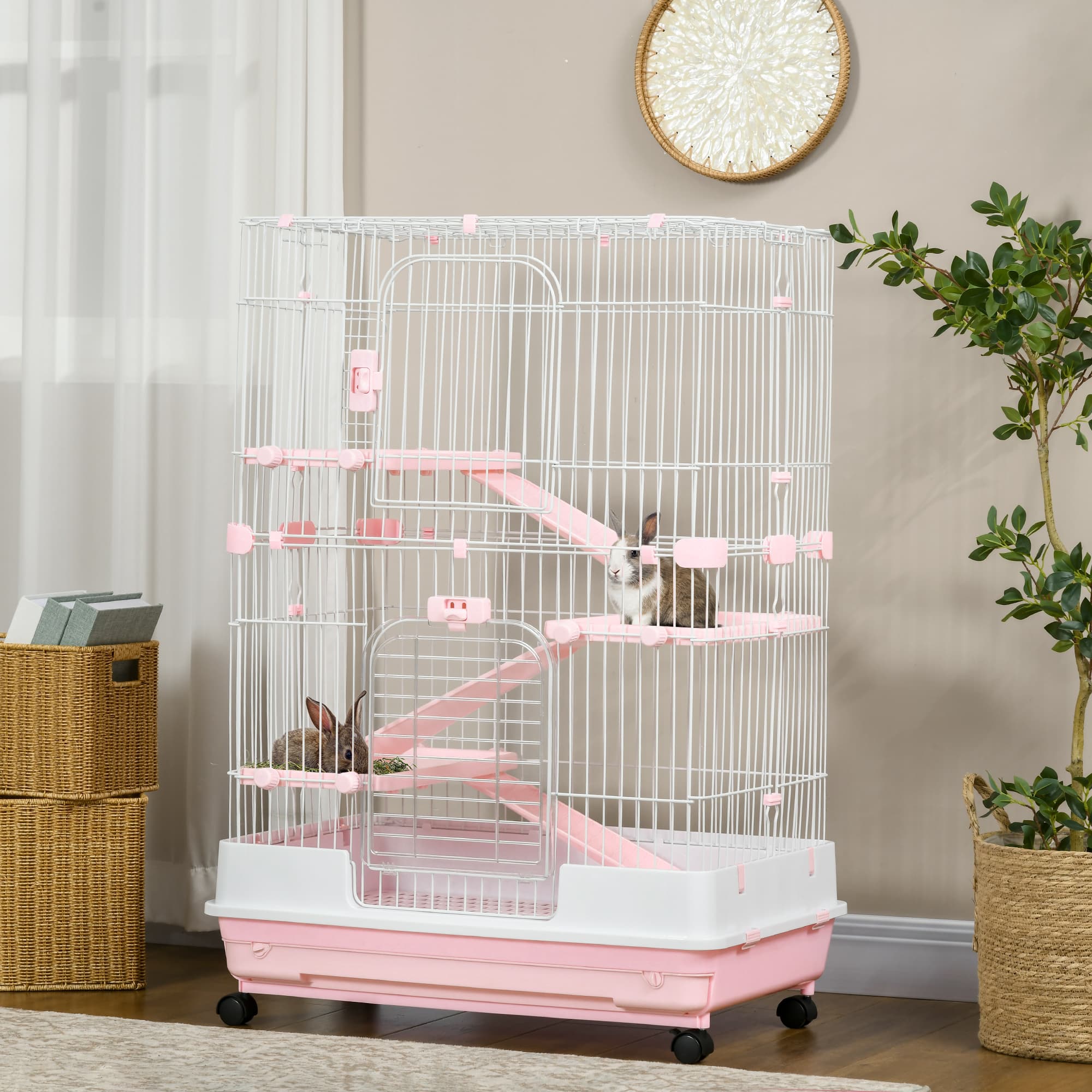  32"L 4-Level Small Animal Cage Rabbit Hutch with Wheels, Slide-out Tray for Bunny, Chinchillas, Ferret, Pink