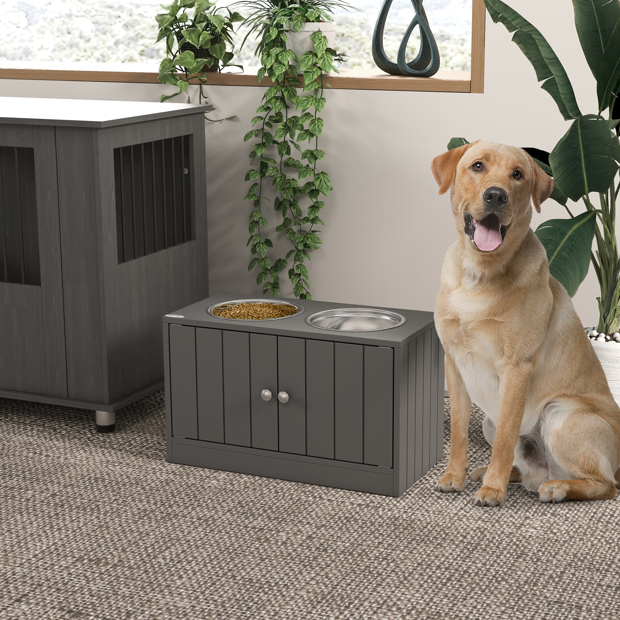  Elevated Dog Bowls with Storage Cabinet Containing Large 44L Capacity, Gray