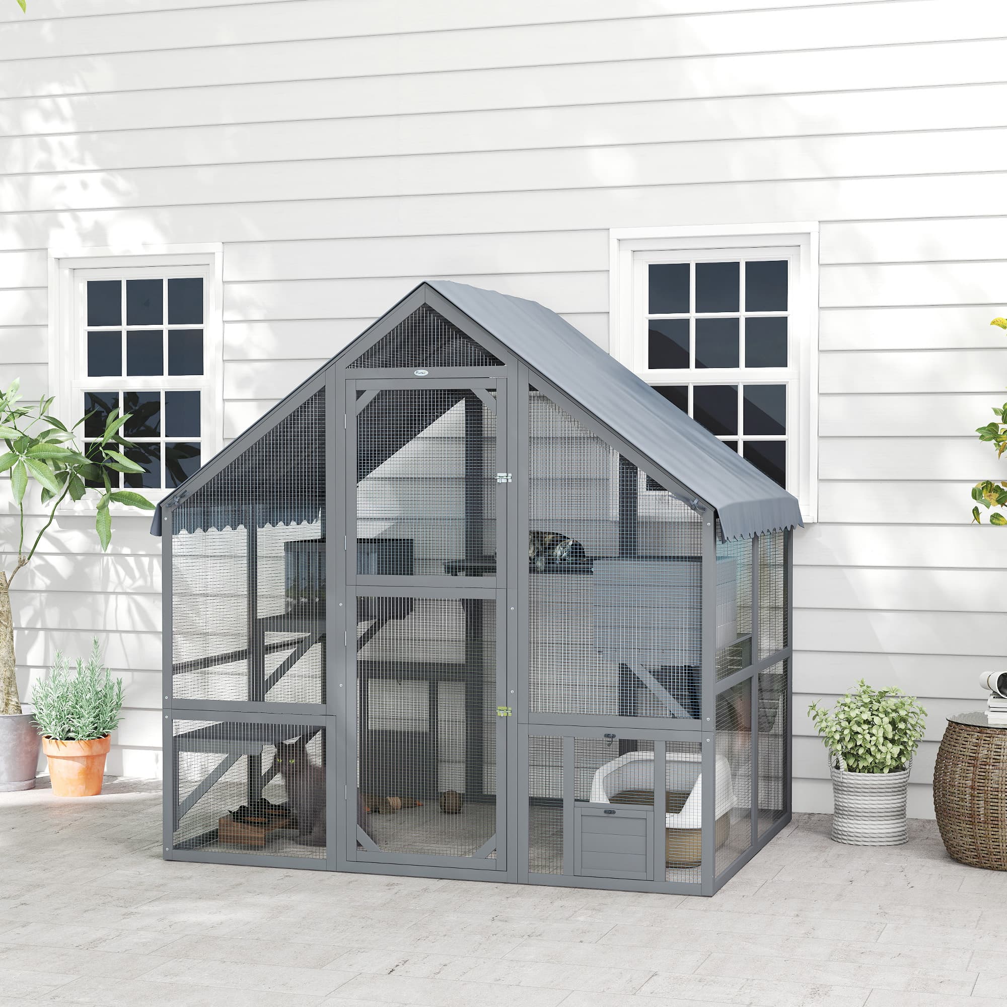  Wooden Catio Outdoor Cat Enclosure with Waterproof Cover, 2 Condos, 4 Platforms, Bridge, Doors, Gray