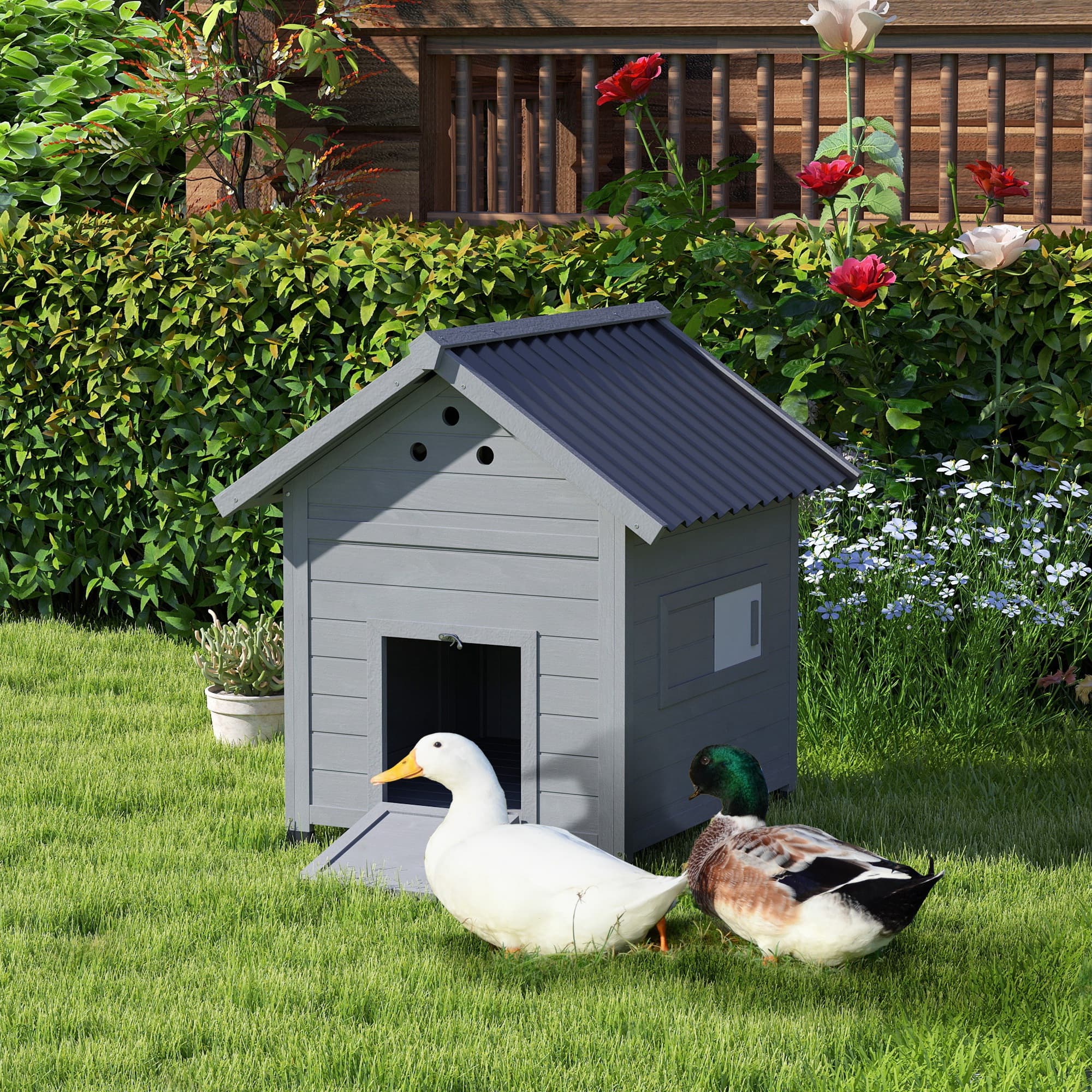  Duck Coop, Wooden Duck House with Openable Roof & Double Doors, Light Gray