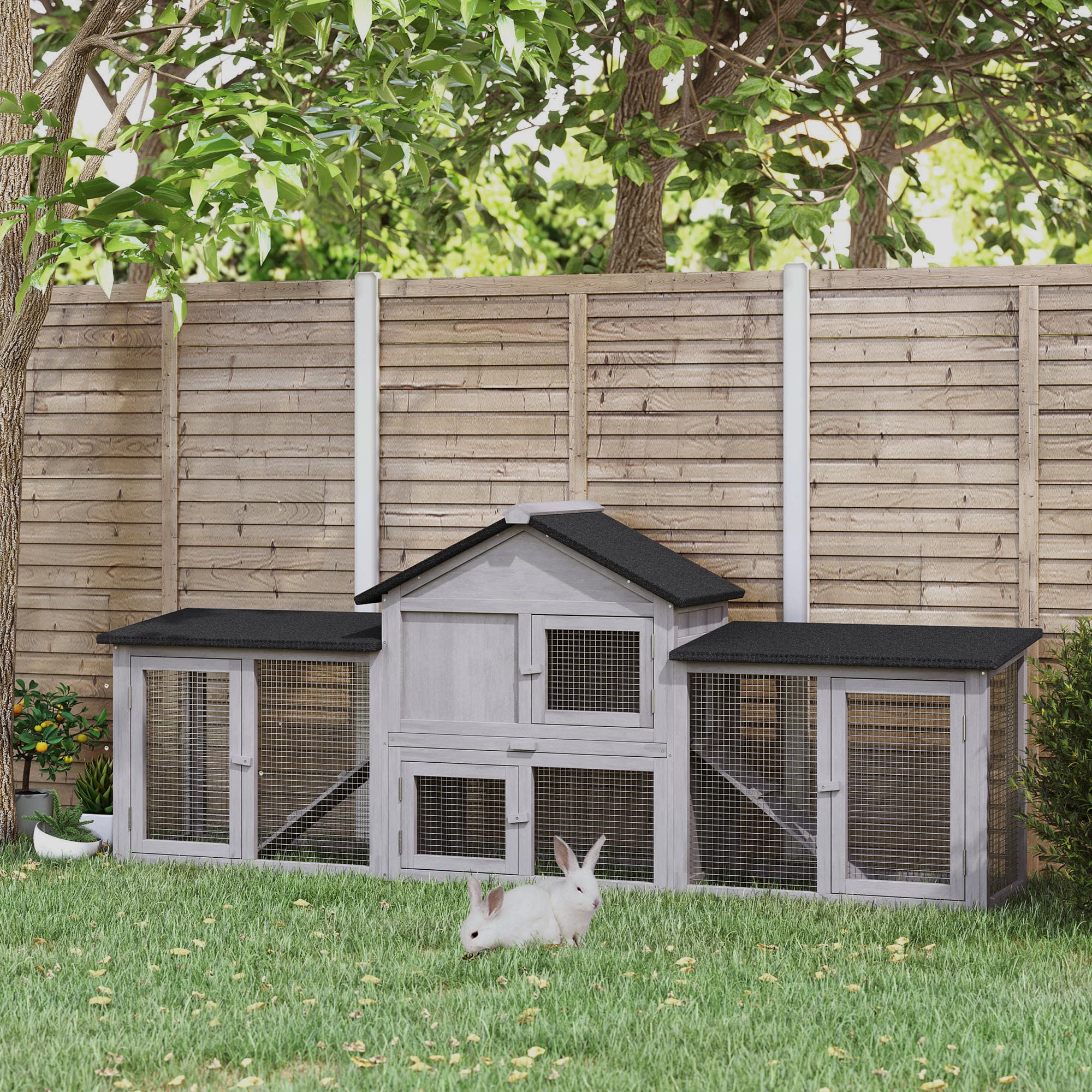  Outdoor Rabbit House 83" 2 Story Deluxe XL Wooden Rabbit Hutch Big Bunny Cage w/ Ladder and Run, Gray