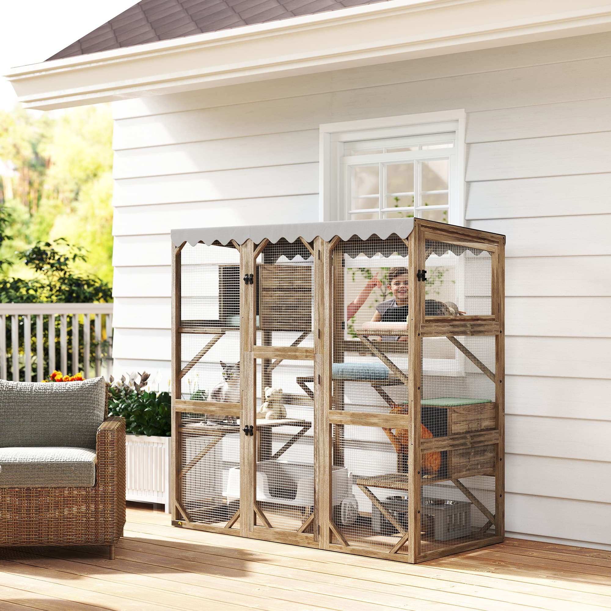  Outdoor Cat Enclosure with Window Access, 5 Platforms and 2 Resting Boxes, Waterproof Roof for Multiple Cats, Brown