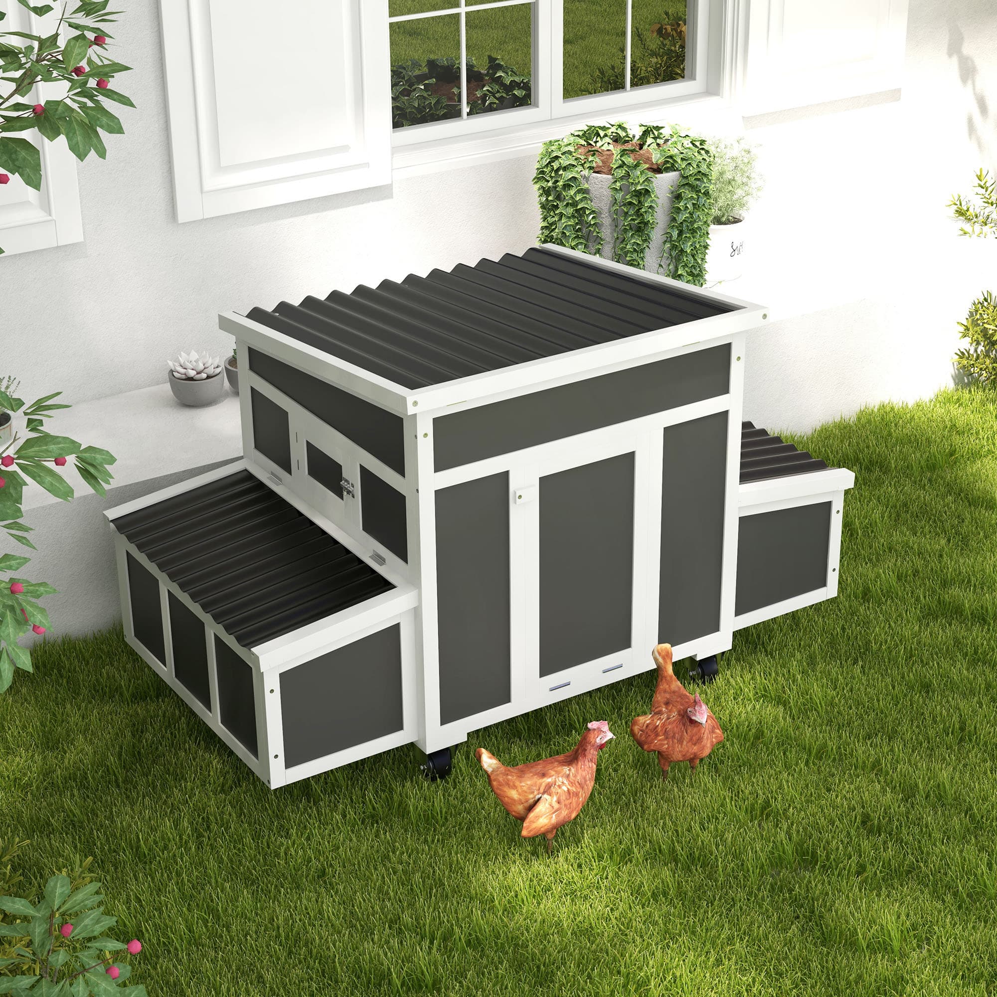  Wooden Chicken Coop with Nesting Box for 6 Chickens, Dark Gray