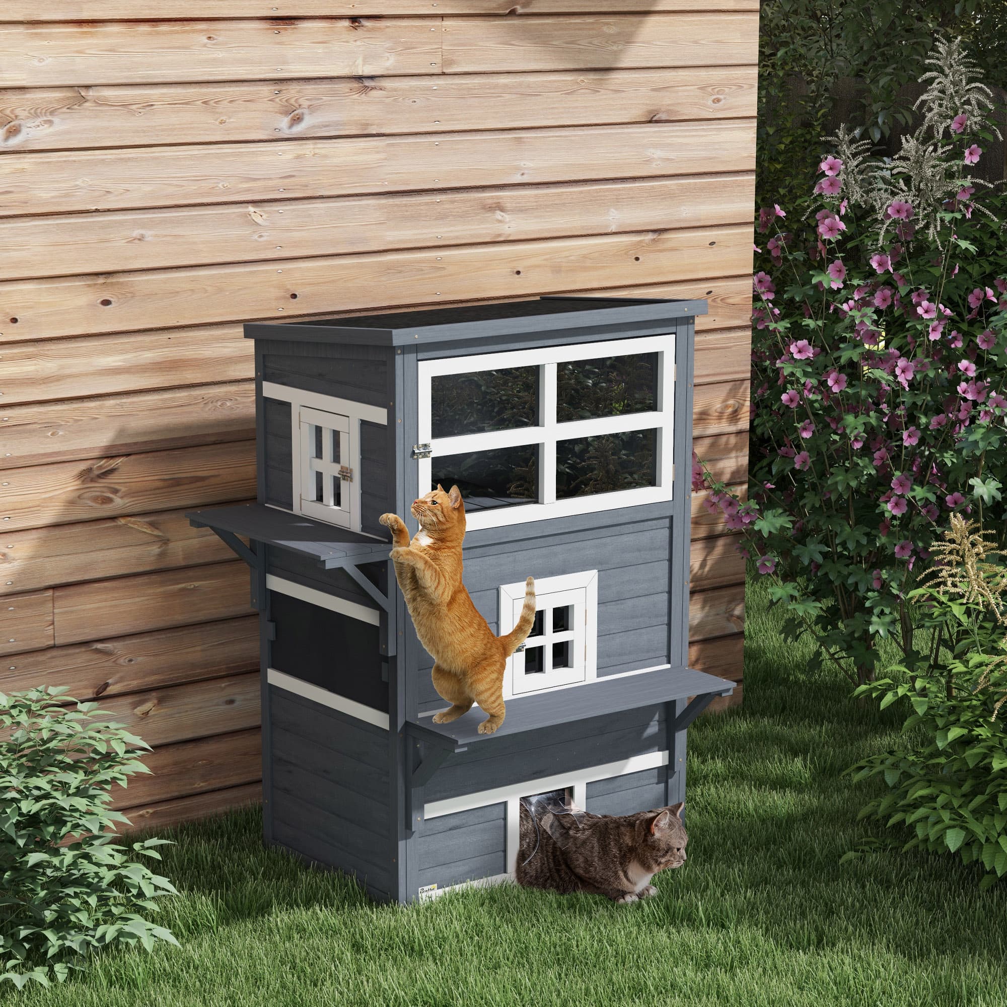  Cat House, Outdoor 3-Tier Kitty Shelter, Weather Resistant, w/ Escape Door