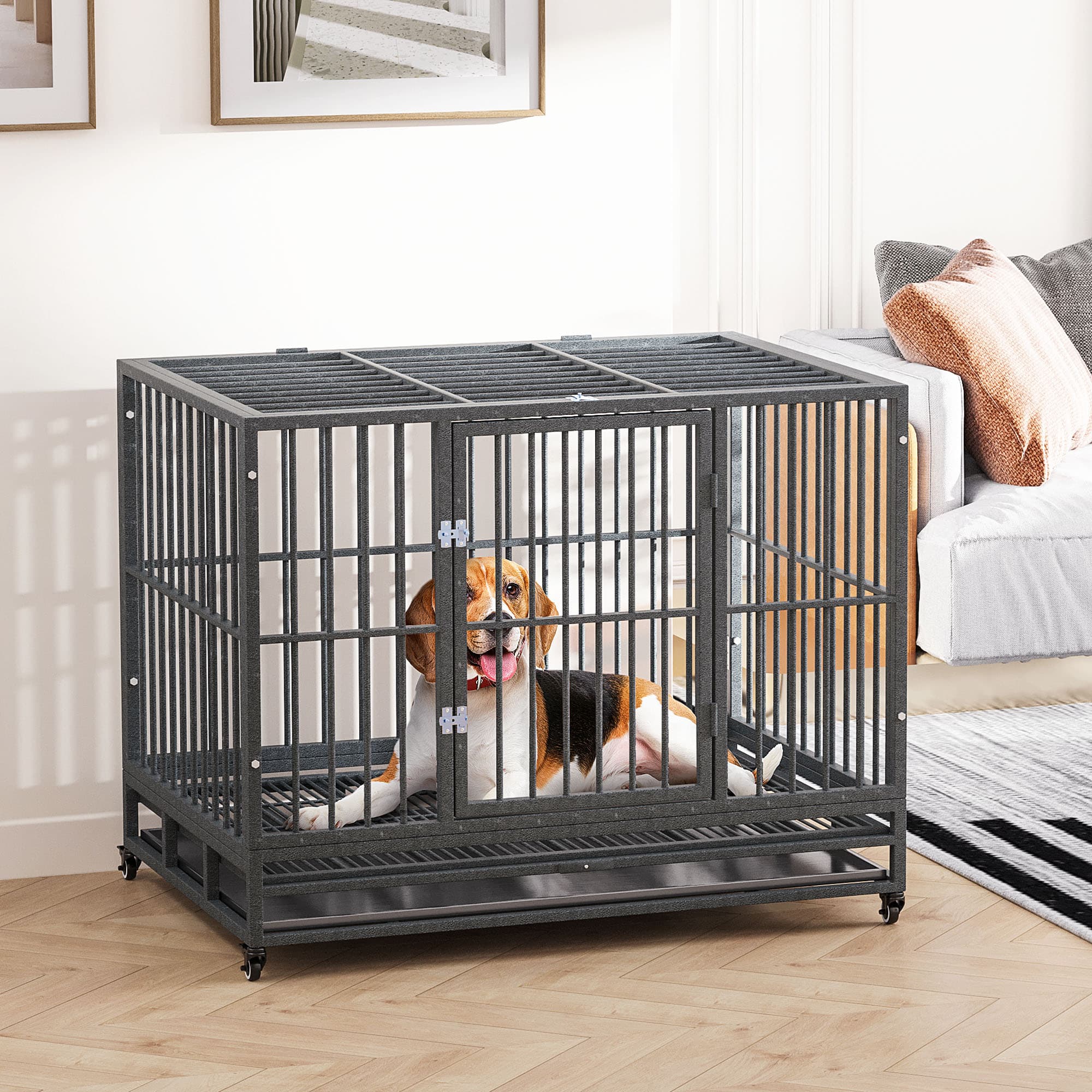  43" Heavy Duty Dog Crate Metal Cage Kennel with Lockable Wheels, Double Door and Removable Tray, Gray