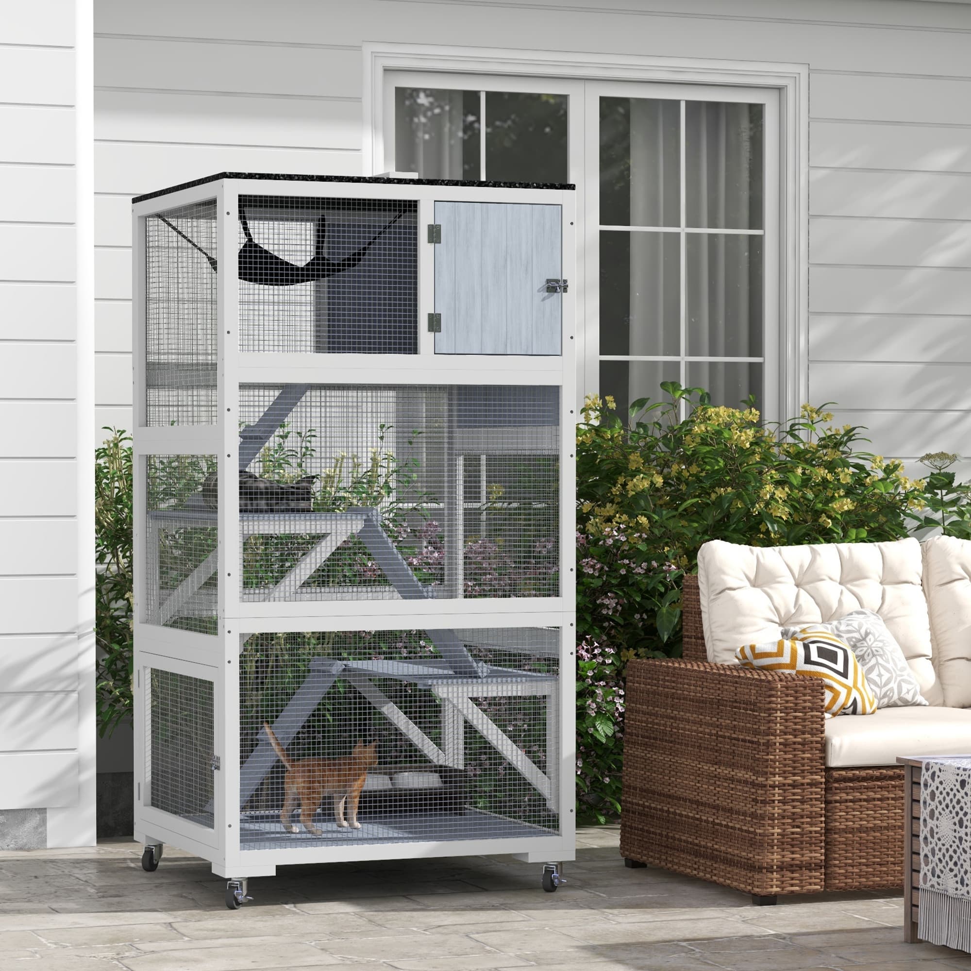  Catio, Outdoor Cat Enclosure House on Wheels with Hammock, Gray