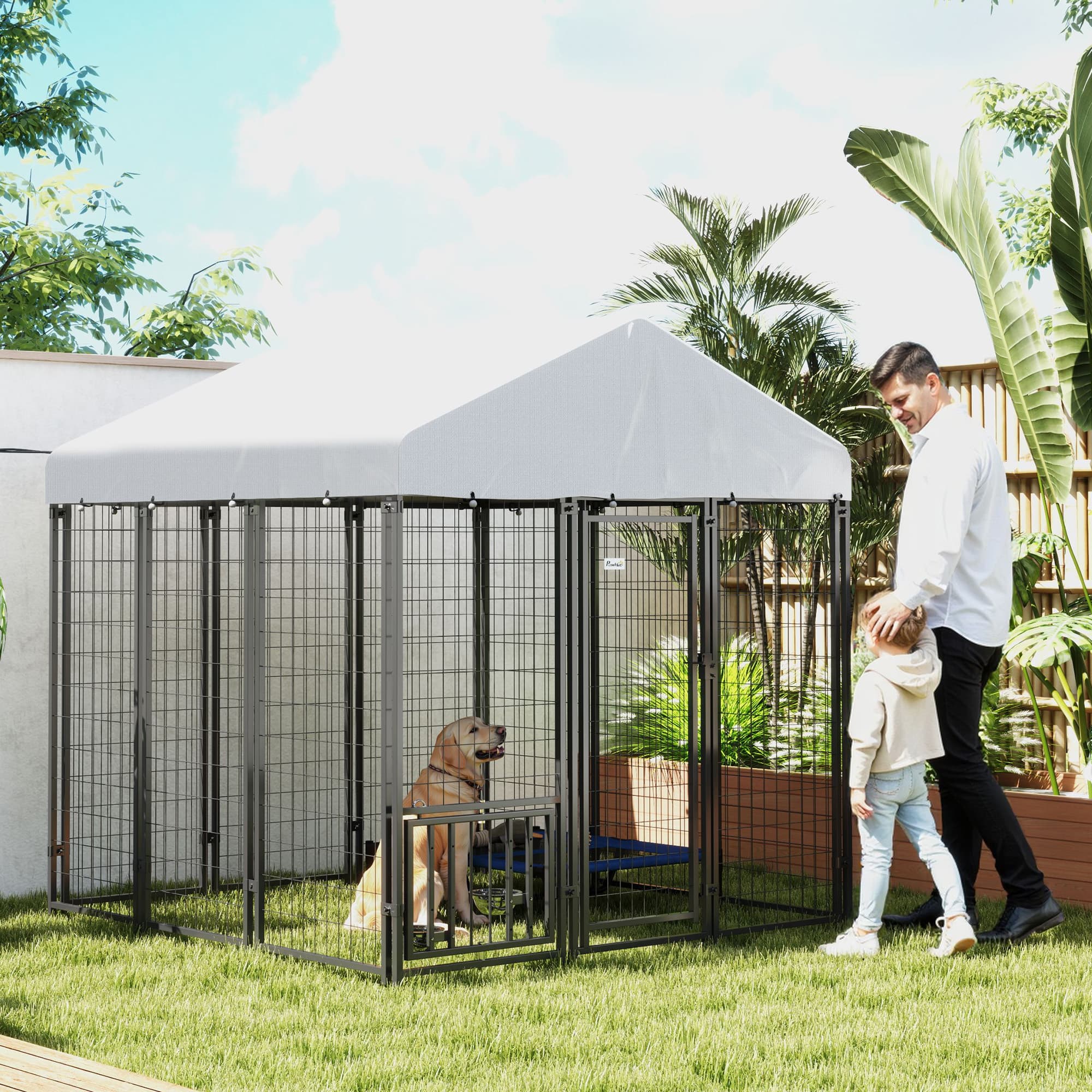  5.9' x 5.9' x 6' Outdoor Dog Kennel with Roof, Rotating & 4-Level Adjustable Bowls