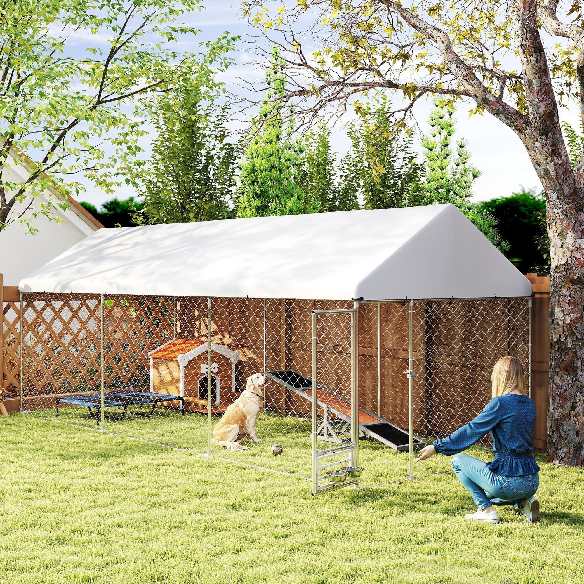  Outdoor Dog Kennel w/ Adjustable & Rotatable Bowl Rack, Waterproof UV-Resistant Cover, Secure Lock, 19.7' x 7.5' x 7.5'