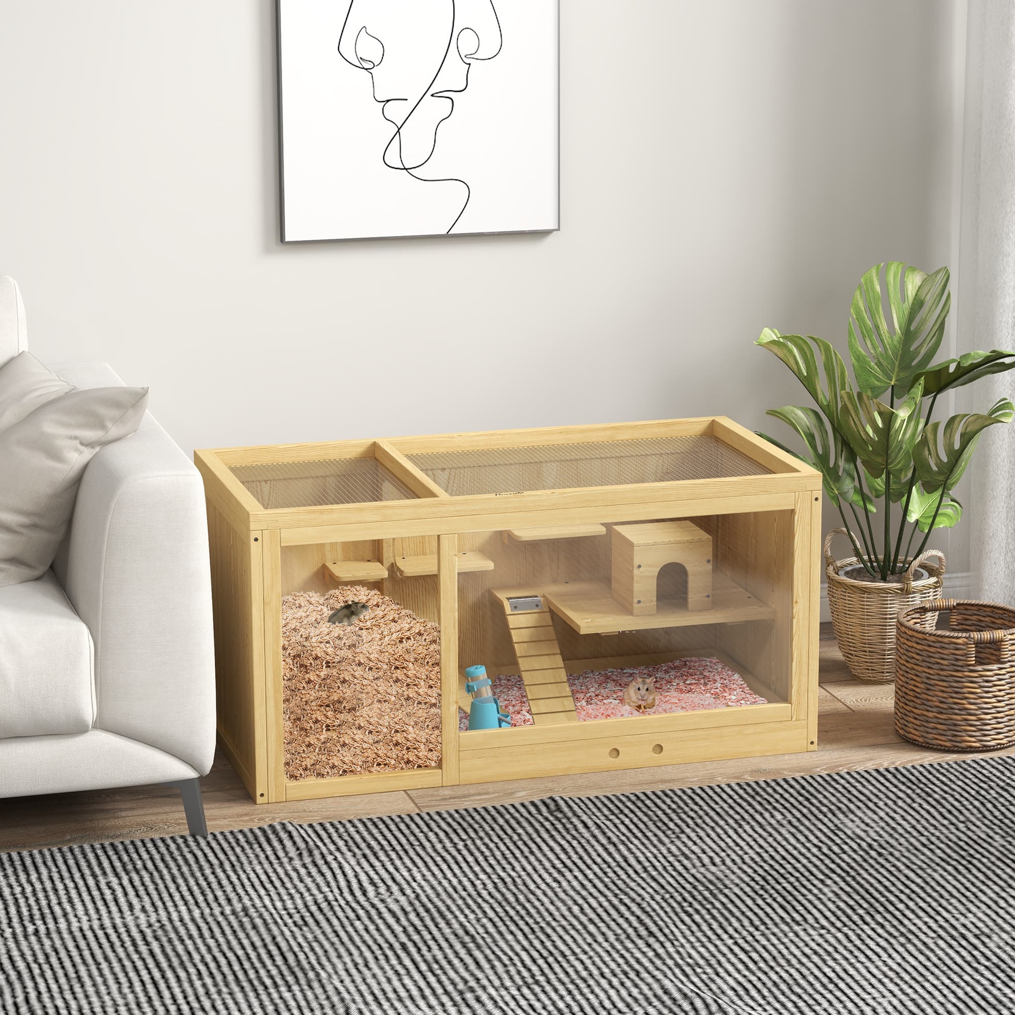 Extra Large Wooden Hamster Cage with Pull-out Tray, Seesaws, Ladder