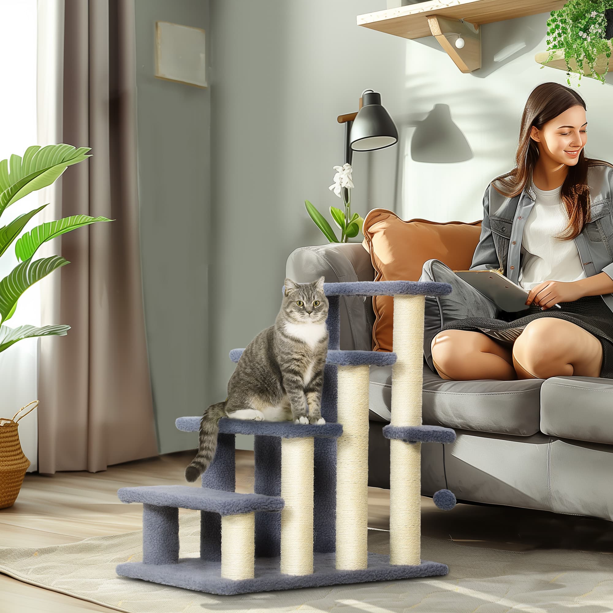 4 Levels Cat Steps with Scratching Posts for High Bed, Sofa, Gray