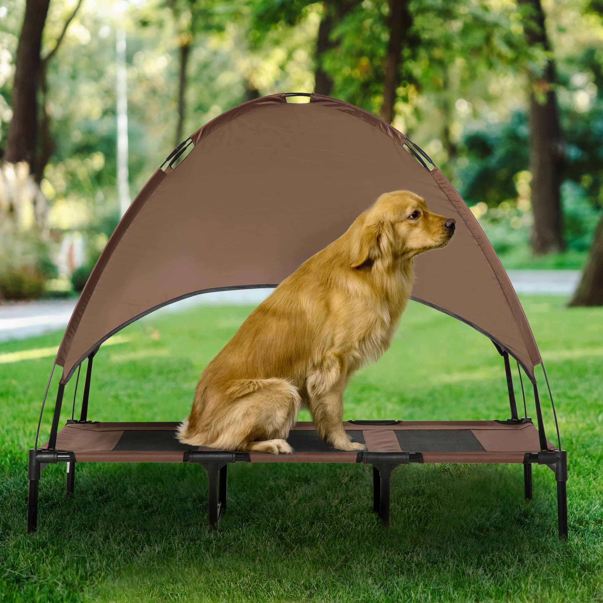  48" x 36" Elevated Portable Dog Cot Cooling Pet Bed with UV Protection Canopy Shade, Coffee