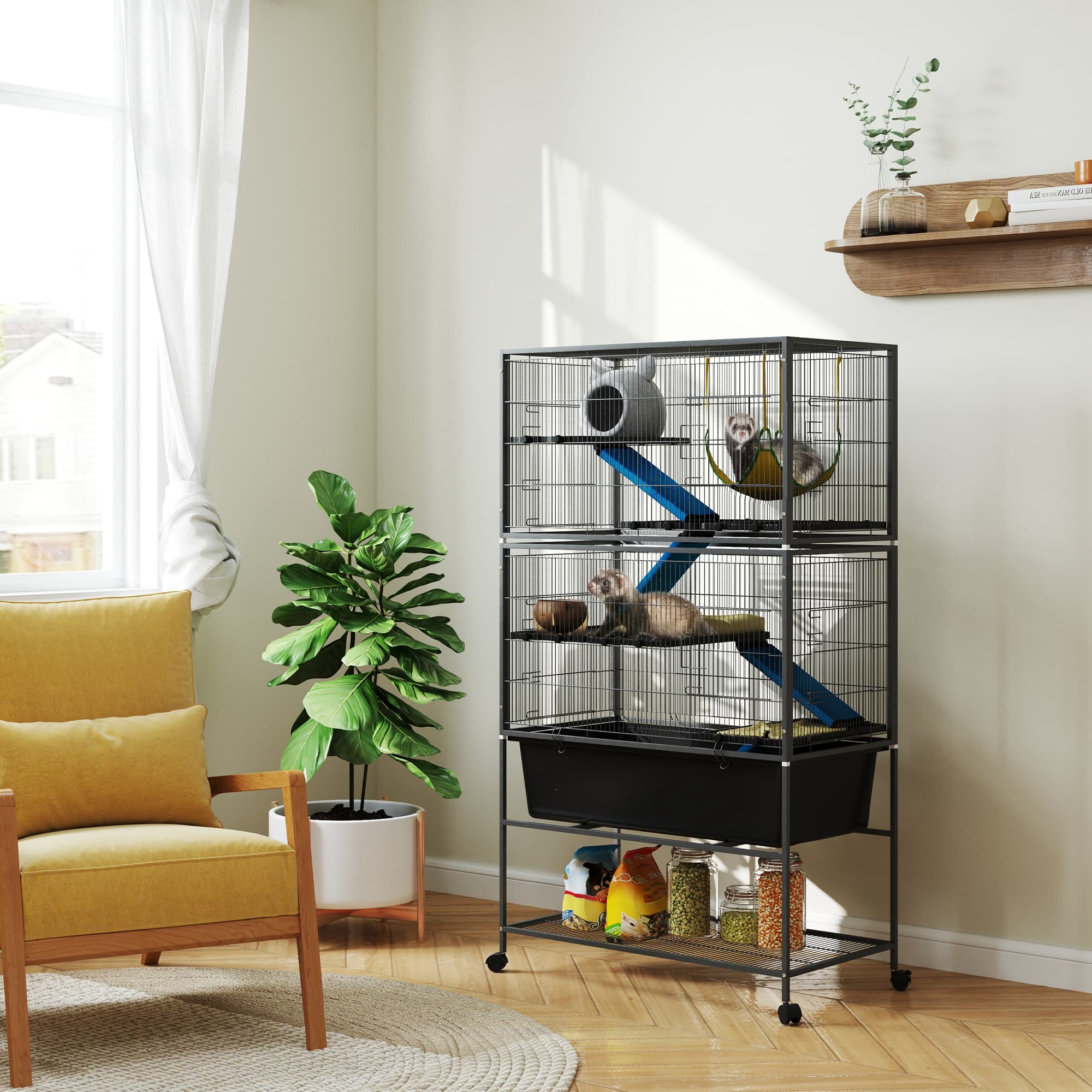  59" 5-Level Small Animal Cage, Rolling Ferret Cage with 6.3" Deep Tray, Non-Slip Cloth Covered Ramps, Hammock, Dark Gray