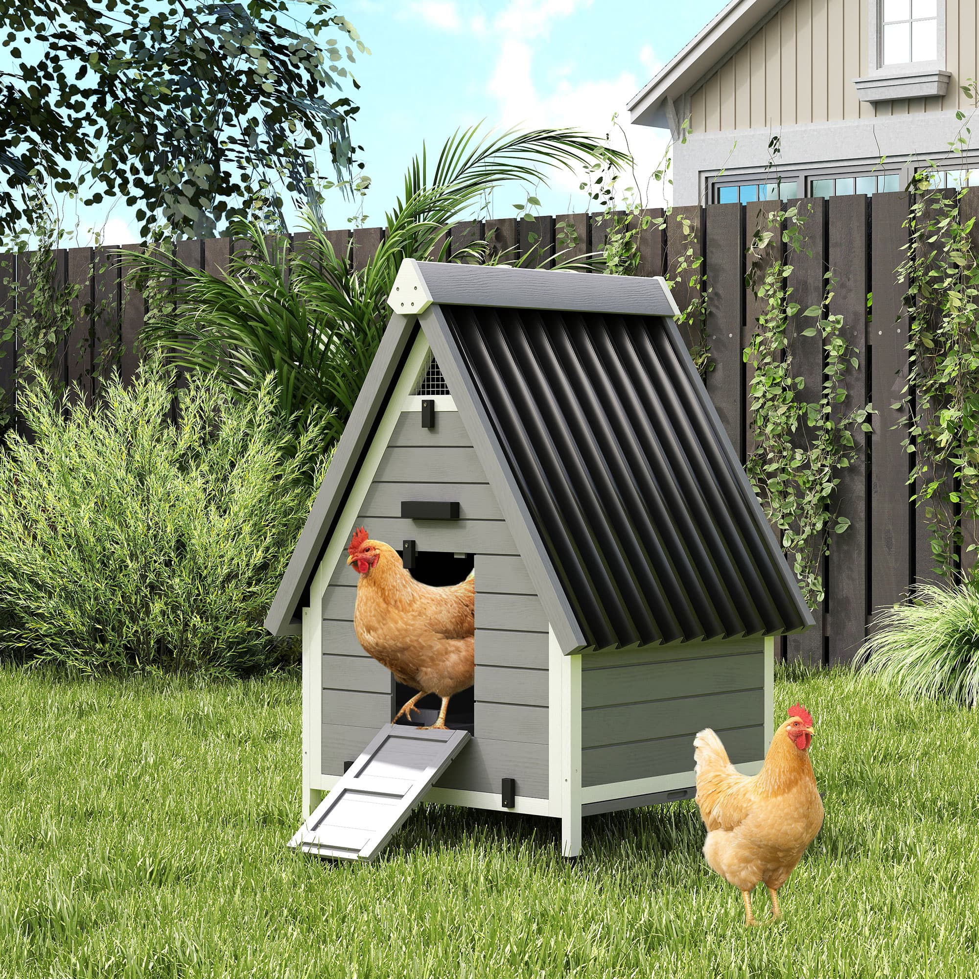  Chicken Coop for 2 Chickens, Outdoor Wooden Chicken House with Removable Nesting Box & Roosting Bar, Tray, Ramp