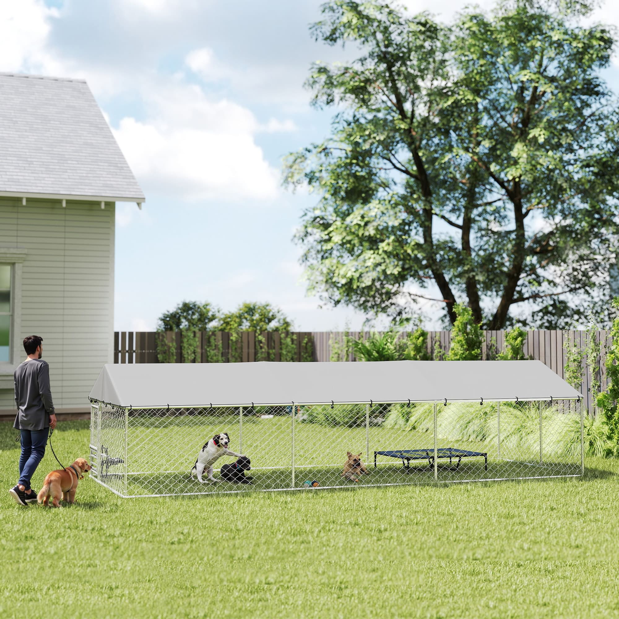  Dog Kennel Outdoor Dog Run Waterproof UV-Resist Cover Lockable Door Adjustable Bowls 20 x 7.5 x 5ft