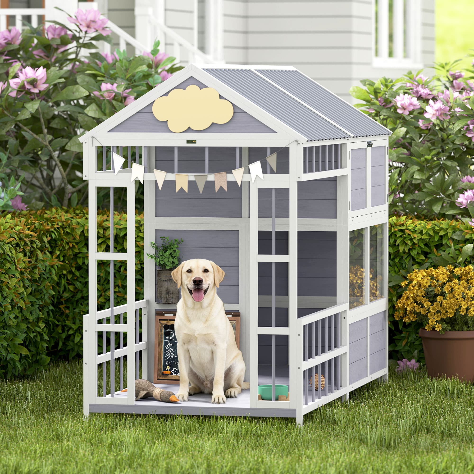  79"L Large Dog House Outdoor, Wooden Dog Kennel with Porch, Storage Cabinet,Weatherproof Roof, Windows