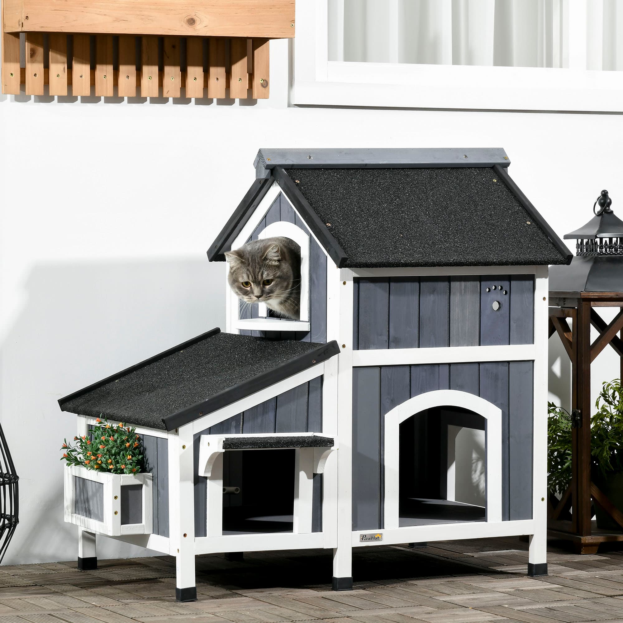  Outdoor Cat House with Weather-resistant Roof & Garden Bed, Outdoor Cat Shelter Enclosure with Multiple Entrances, Modern Cat Furniture Hideout, Cat Gifts, Gray