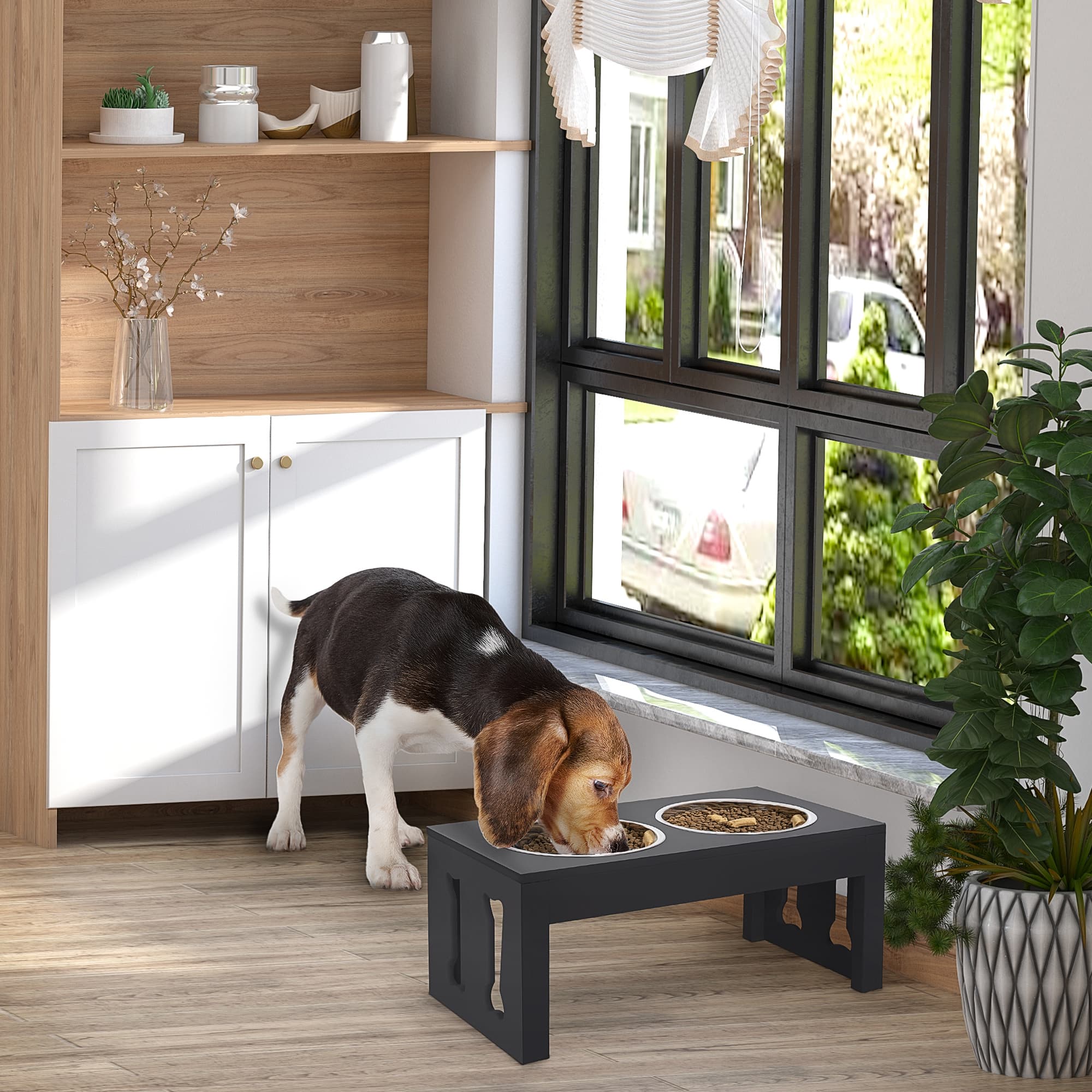  23" Modern Decorative Raised Dog Bowls, Wooden Heavy Duty Pet Food and Water Bowl, Elevated Feeding Station, Black