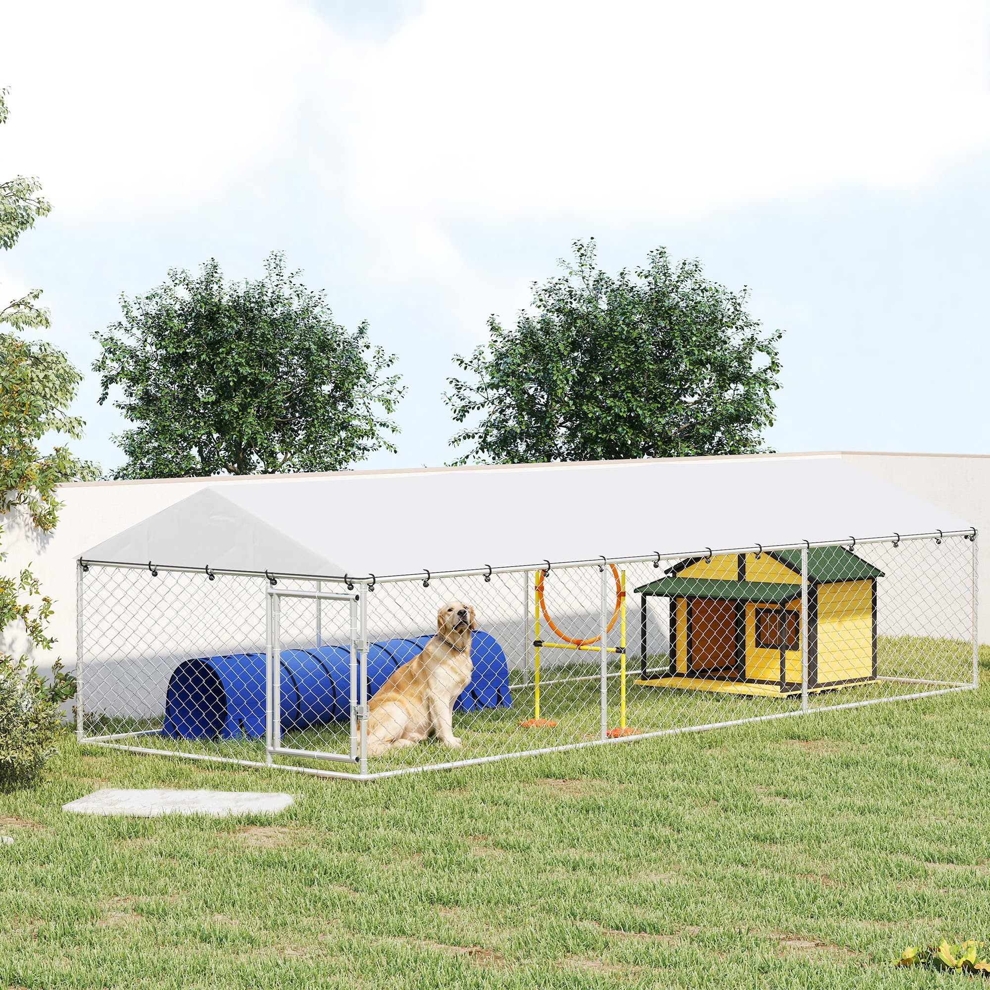  20' x 7.5' x 5' Dog Kennel Outdoor for Large Dogs with Waterproof Roof, Silver