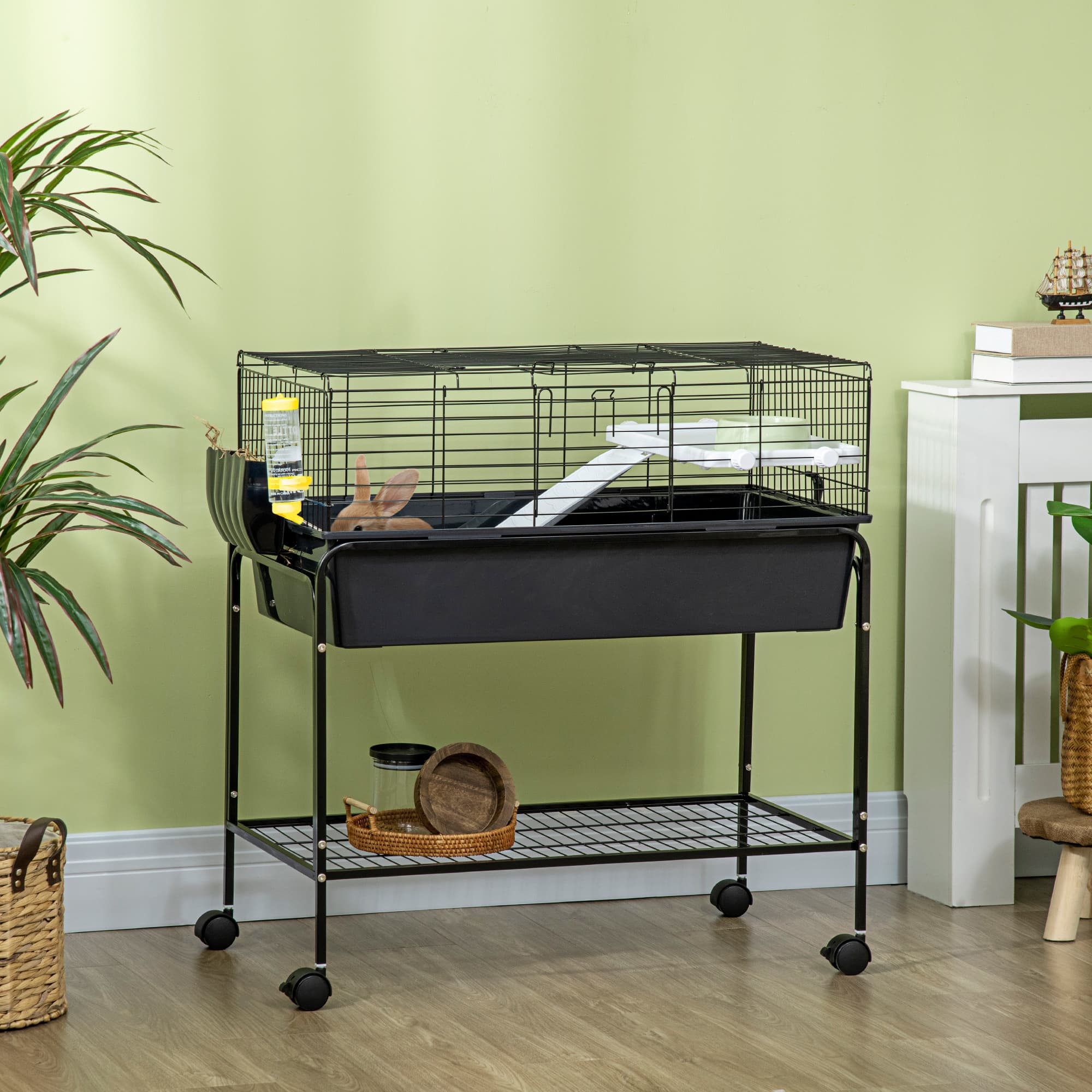  Two-Story Small Animal Cage Removable from Stand, Pet Habitat with Shelf & Wheels, 33" x 18.5" x 35", Charcoal Gray