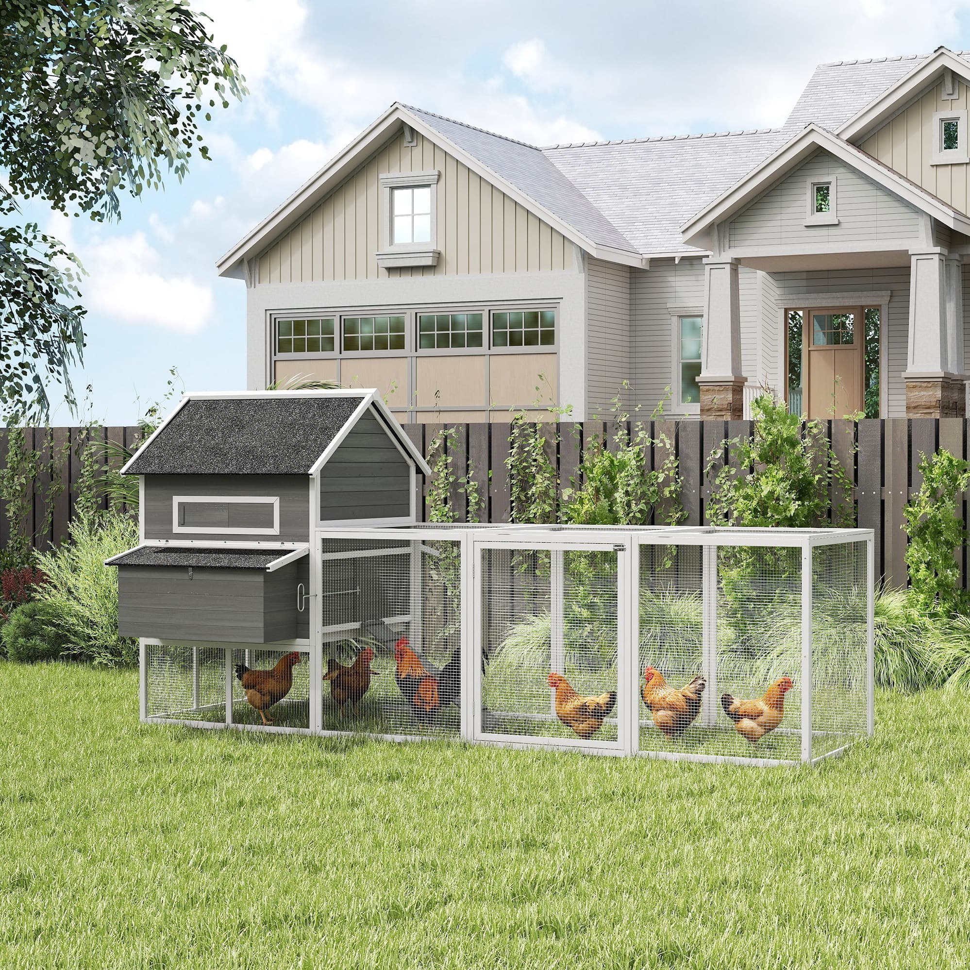  137" Wooden Chicken Coop for 8-10 Chickens, Backyard, Dark Gray