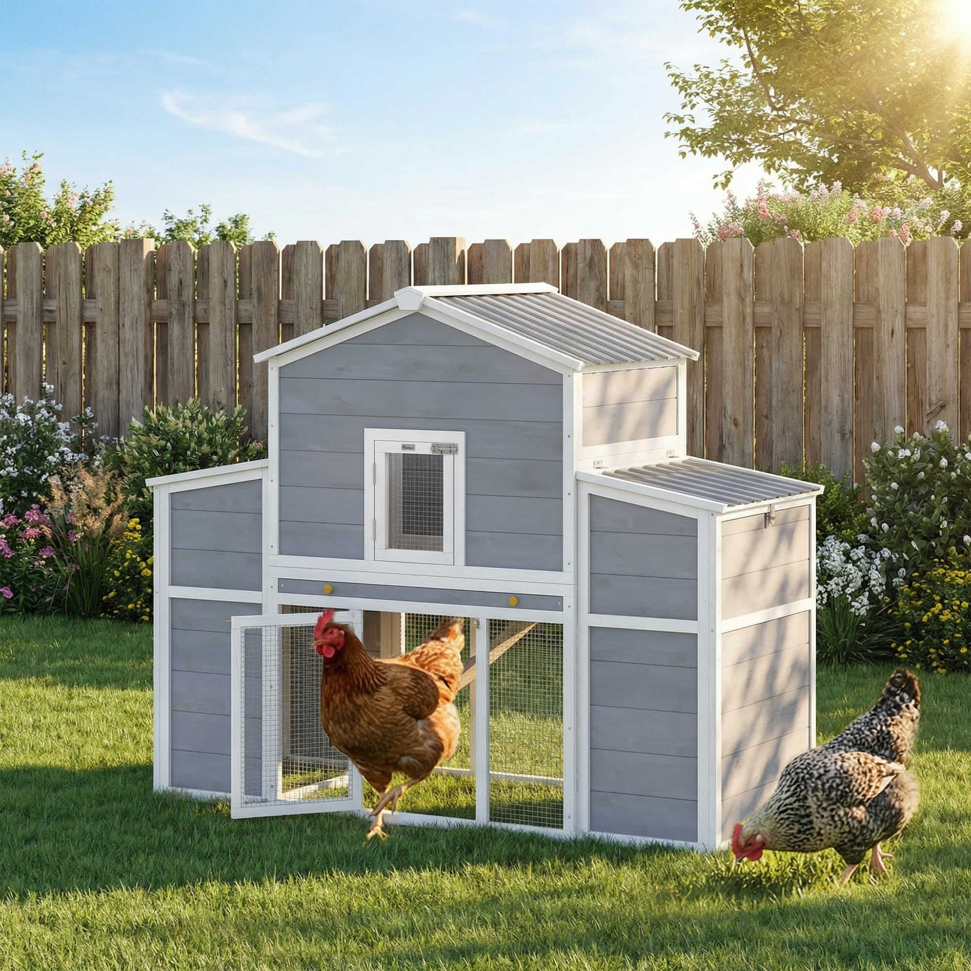  66.5" Large Chicken Coop, Wooden Chicken House with 2 Nesting Boxes, Sliding Tray & Ramp, for Backyard Farm