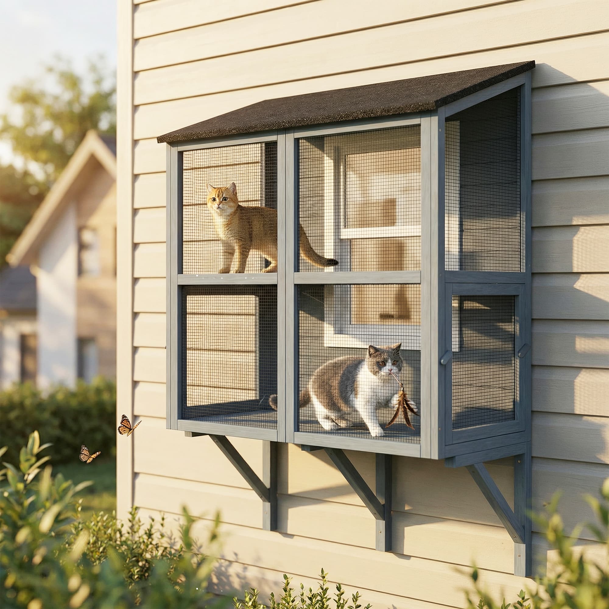  Catio Outdoor Cat Enclosure Outdoor Window Box Cat House with Waterproof Roof 39.4"L Gray