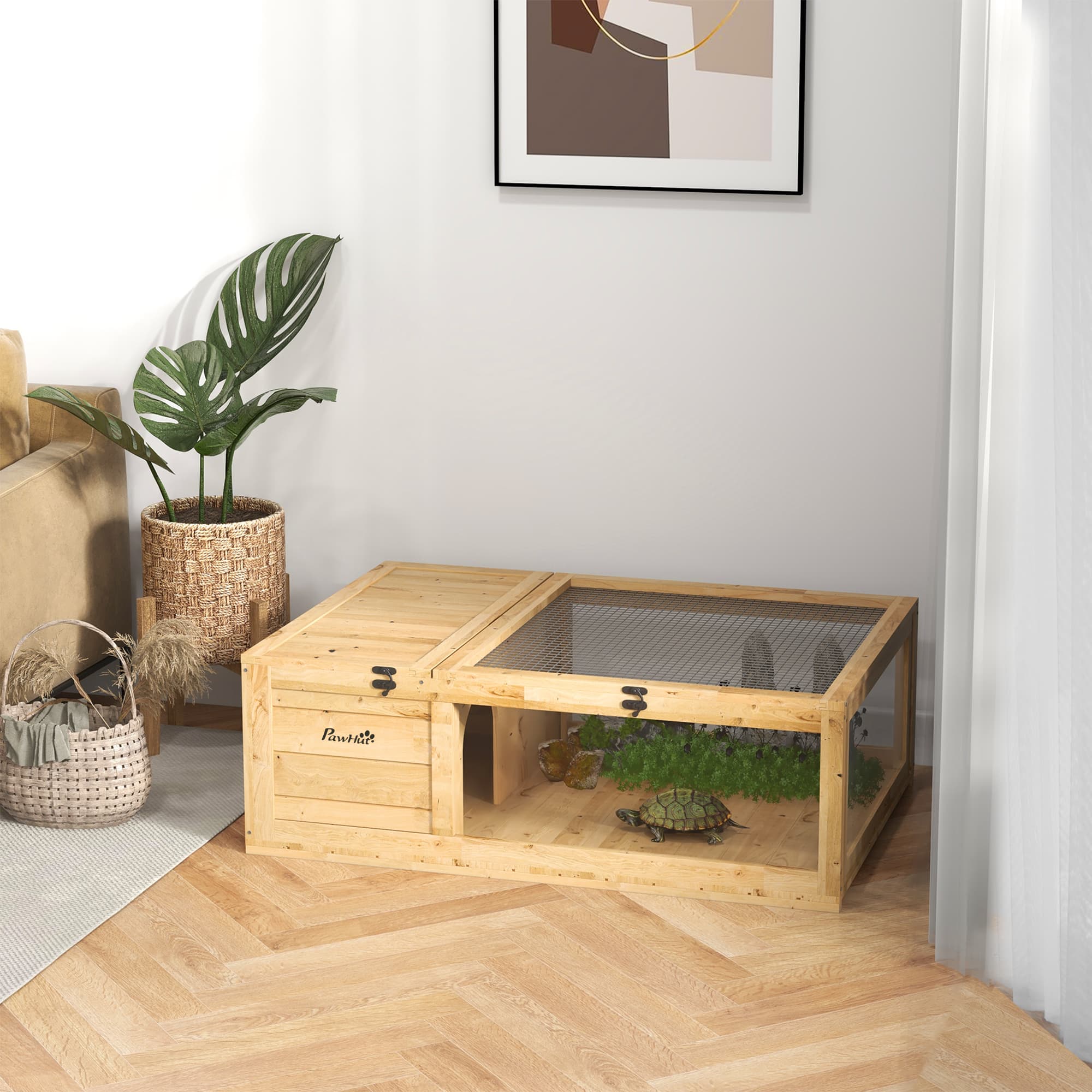  Wooden Reptile Cage with Top Access for Turtles, Lizards, Snakes, Yellow