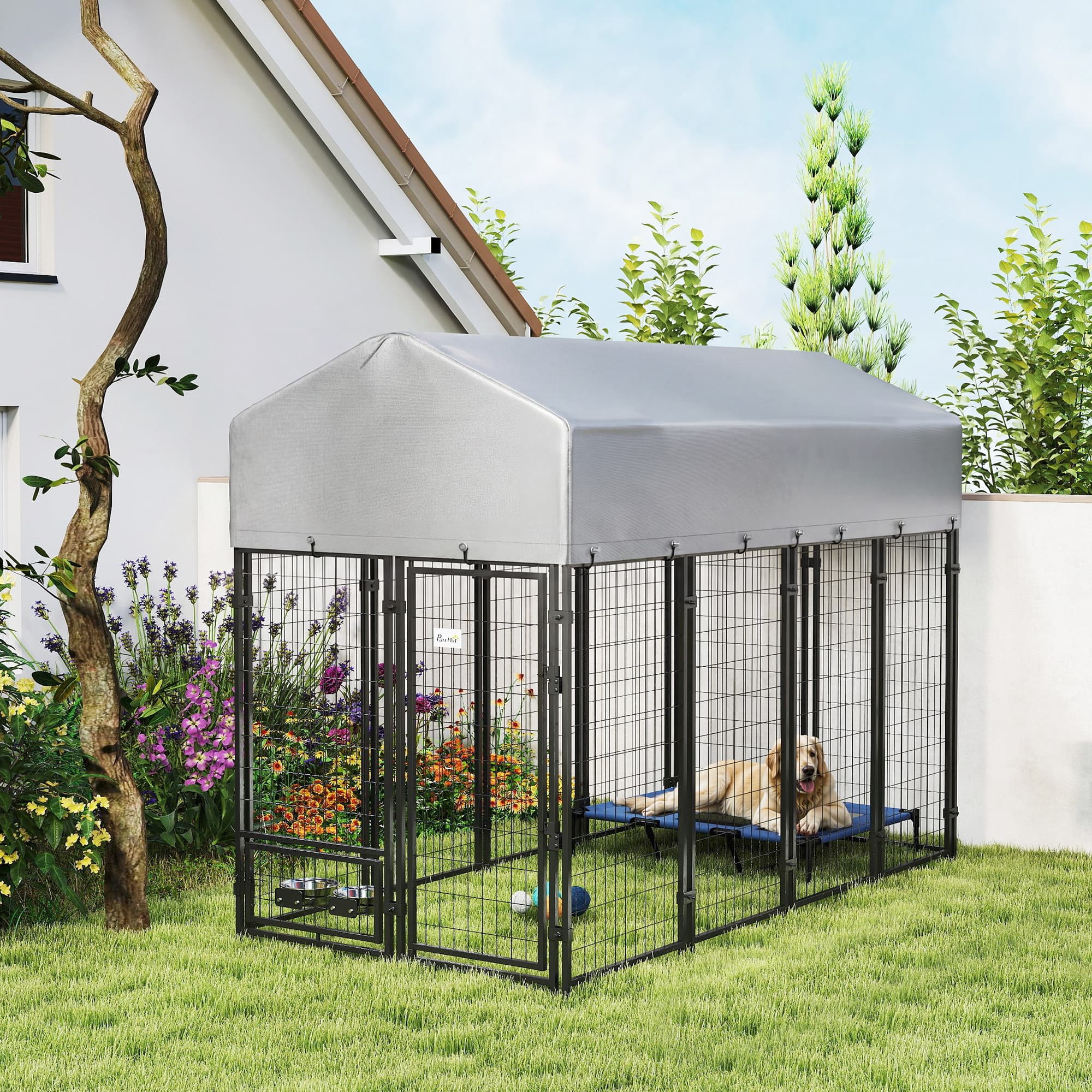  8' x 4' x 6' Outdoor Dog Kennel, Dog Kennel Outside Run with 360° Rotating Bowls, Waterproof & UV Resistant Cover