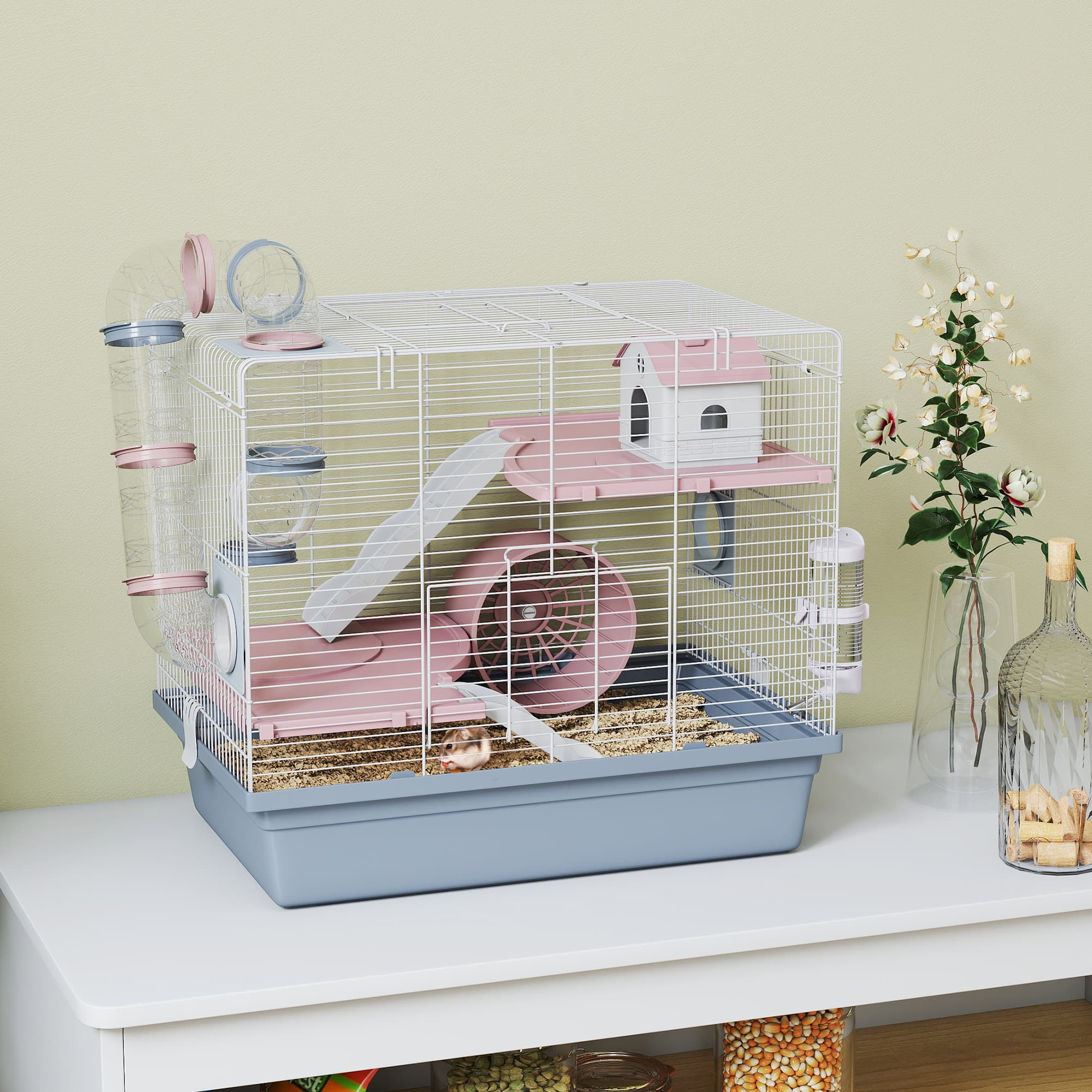  Hamster Cage, 3-Tier Small Animal Cage with Exercise Wheel, Food Bowl, Water Bottle, House, Tunnels, Ramps
