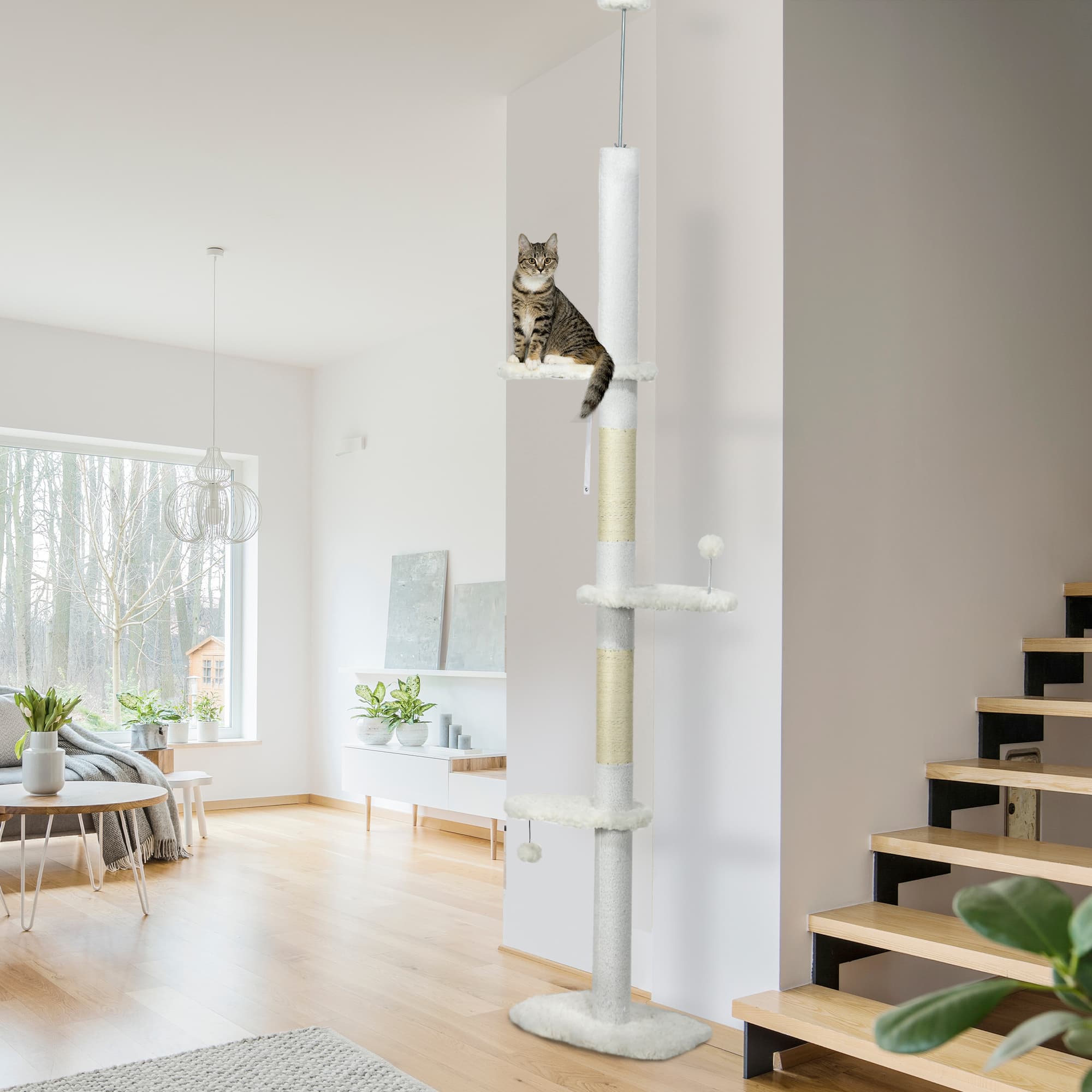  8.4' Floor to Ceiling Cat Tree, Adjustable Height, White