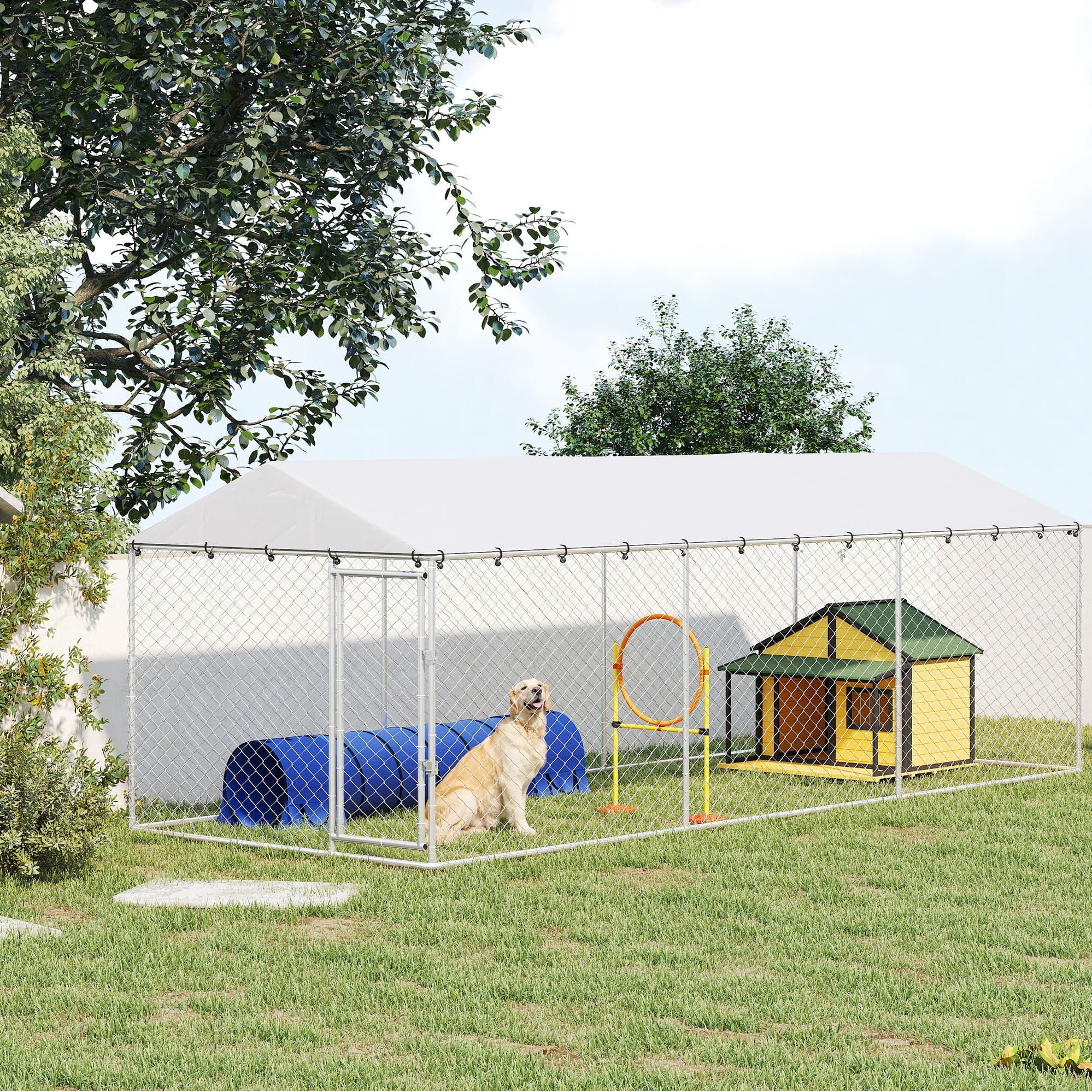  20' x 7.5' x 6.5' Dog Kennel Outdoor for Small Medium Large Dogs with Waterproof Roof, Silver