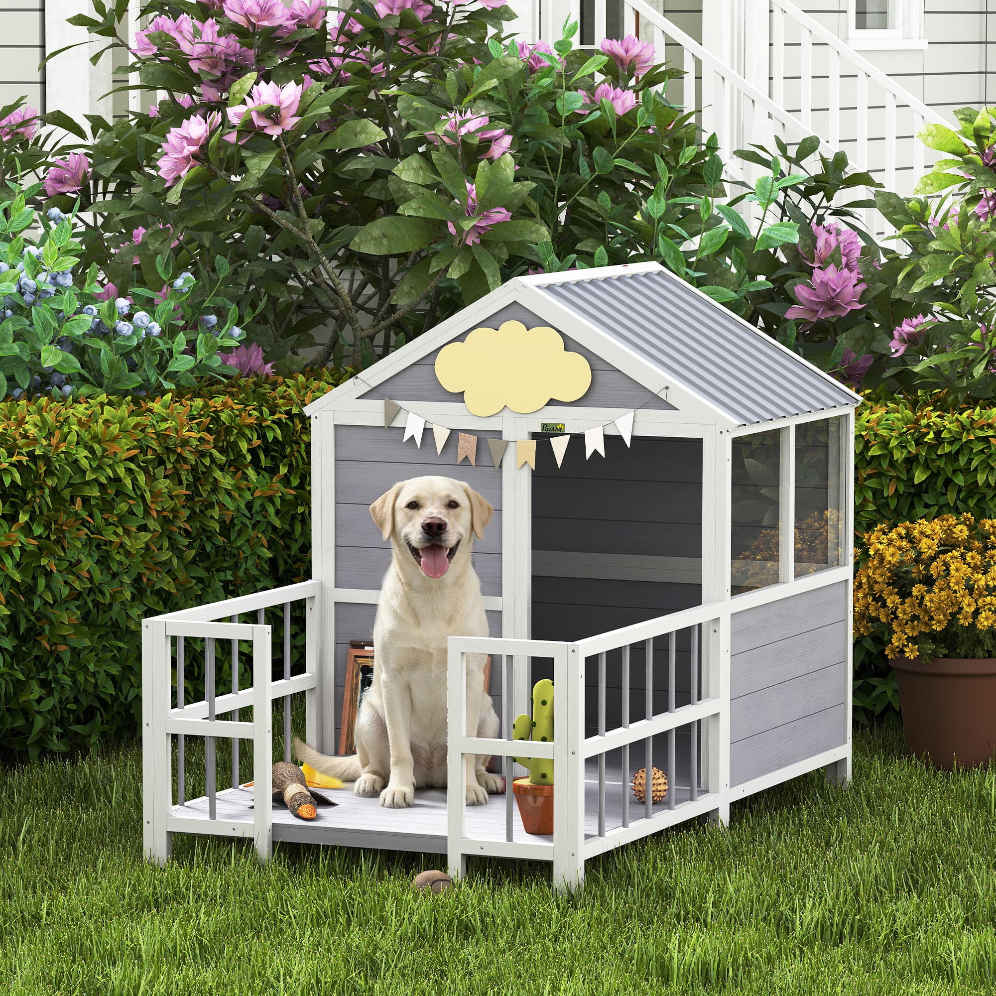  Outdoor Dog House, 61"L Wooden Dog House with Porch, Weatherproof Roof, Elevated Base, Air Vents & Observation Windows