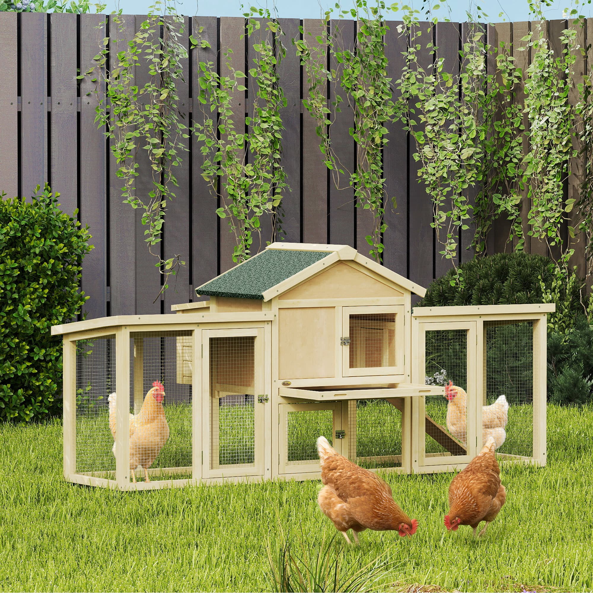  Wooden Chicken Coop ith Nesting Box, Double Runs, Removable Tray, Ramp, for Garden Backyard