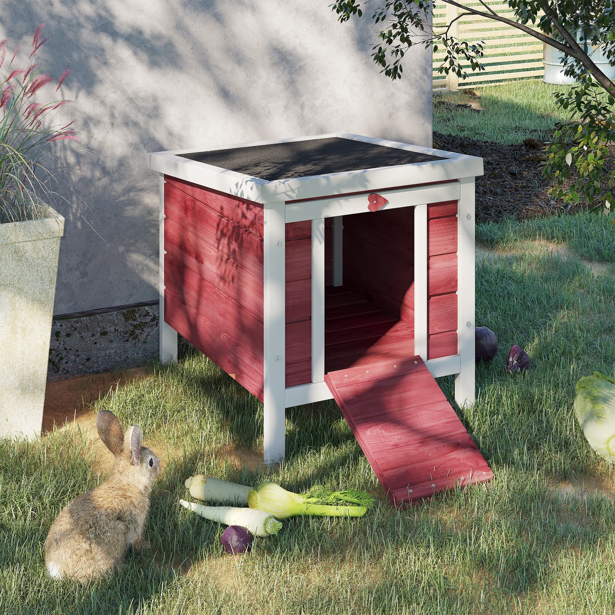  Small Wooden Rabbit Hutch Bunny Cage Guinea Pig Cage Duck House Dog House with Openable & Waterproof Roof, for Rabbits, Chickens, Ducks, Red