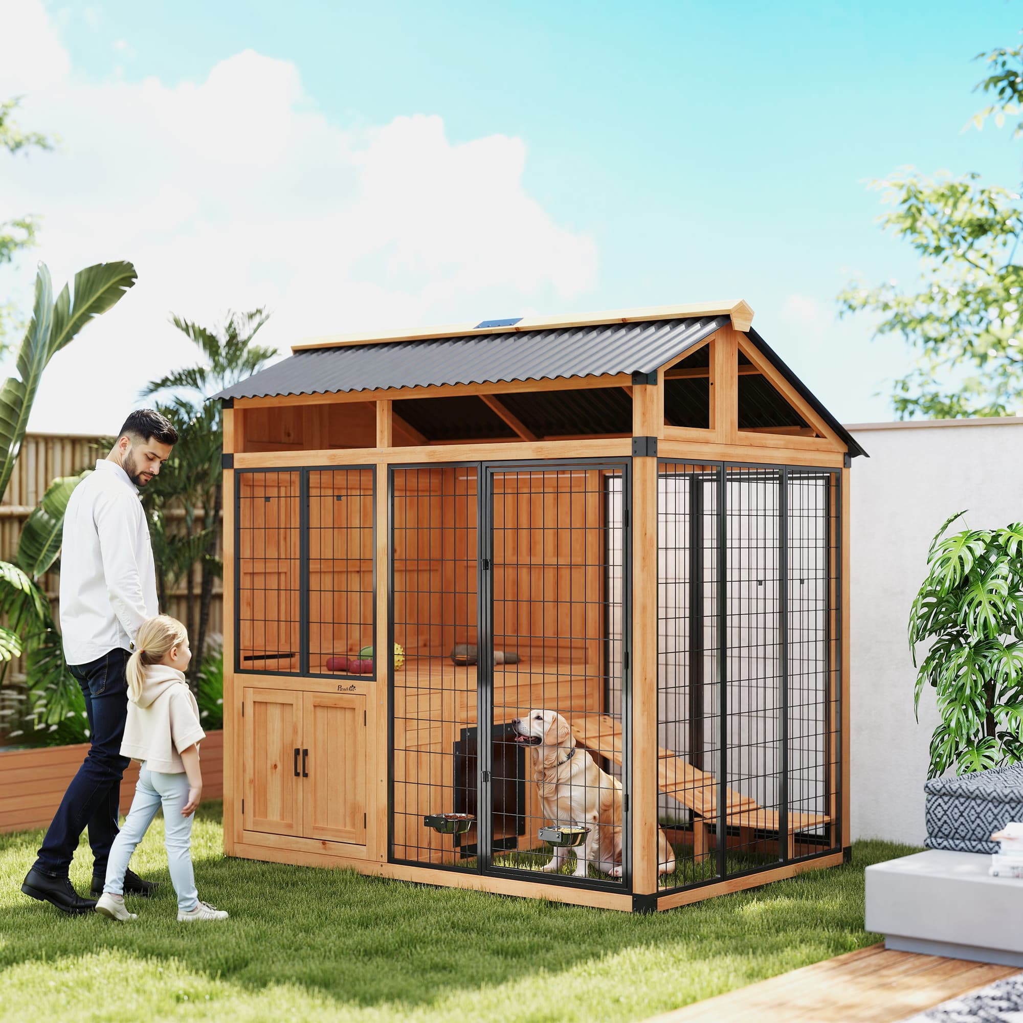  7' x 5' Extra Large Dog House, Wood Outdoor Dog Kennel with Platform, Storage Cabinet for Large Breeds, Yellow