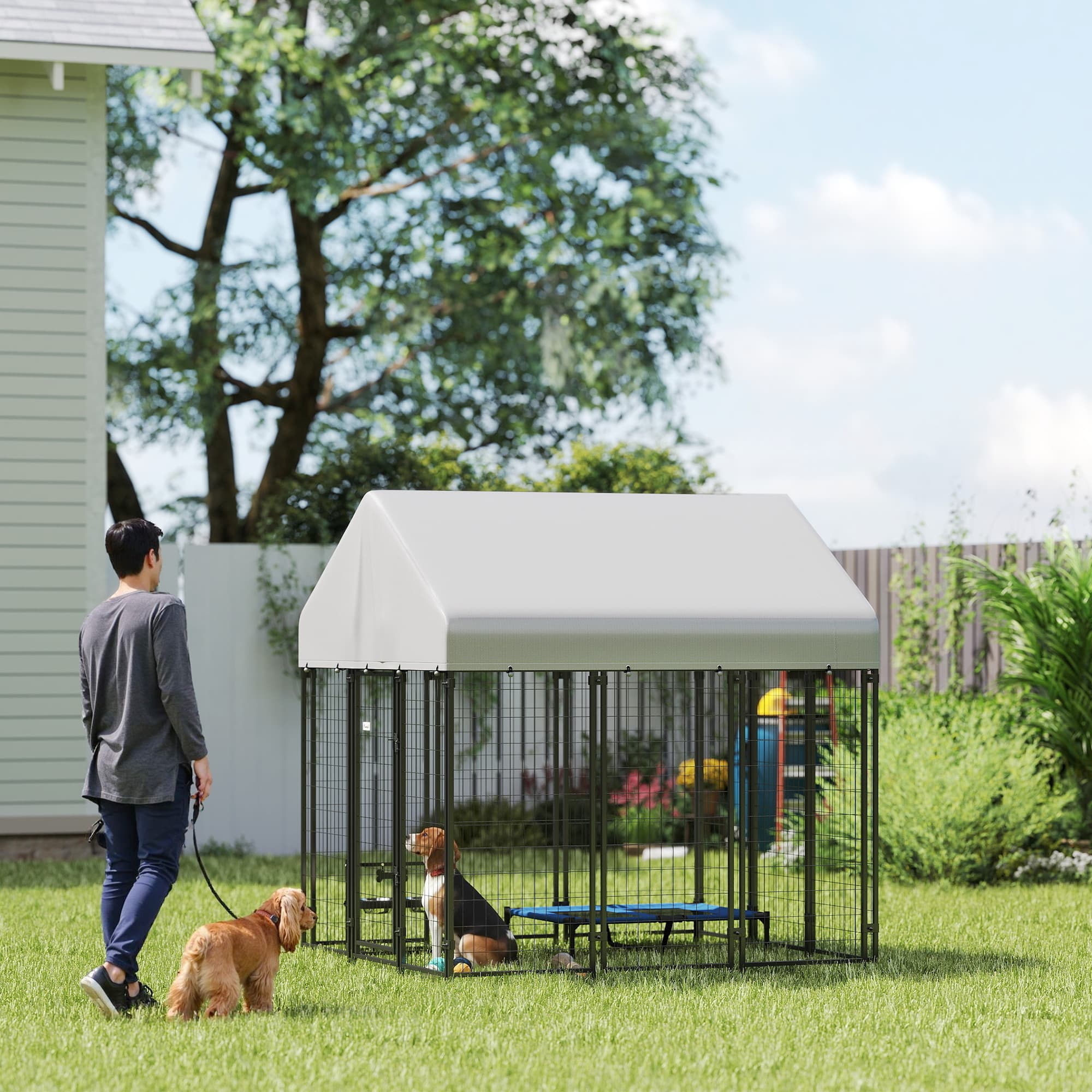  Outdoor Dog Kennel with Roof, 6' x 6' x 6' Heavy Duty Welded Wire Dog Playpen Enclosure with Escape-proof Lock