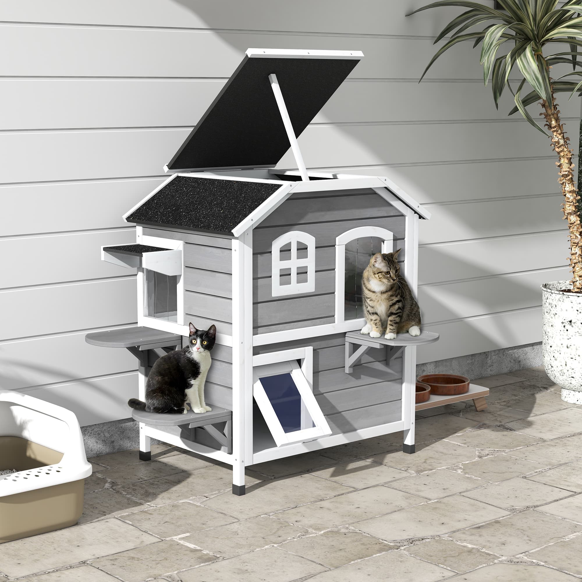  2-story Cat House Outdoor, Weatherproof Wooden Cat Enclosure for Feral Cats with Escape Door, Openable Roof, Jumping Platforms, Gray